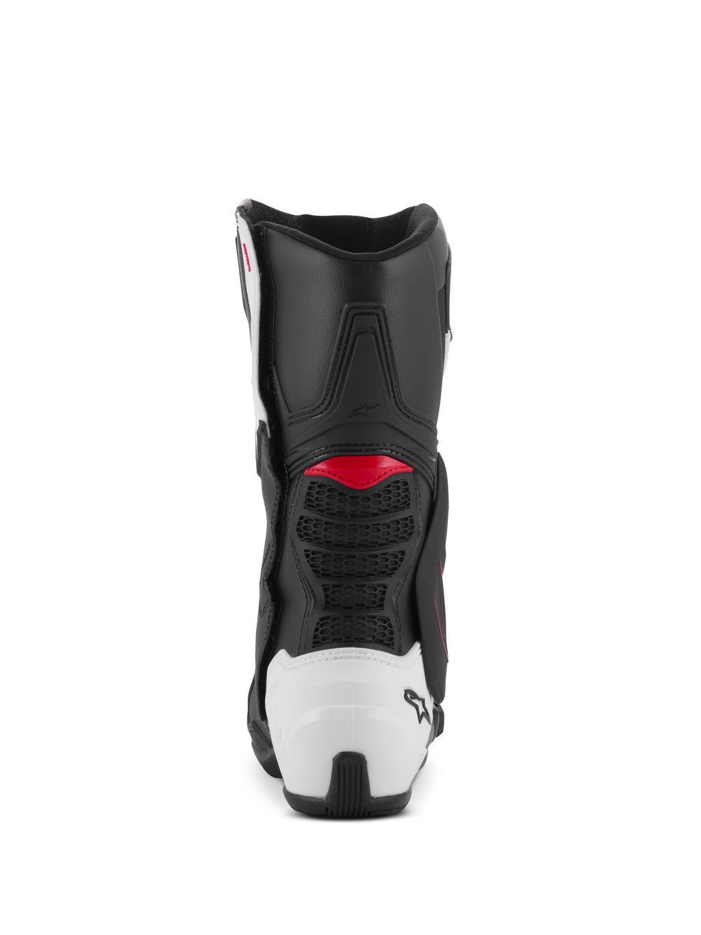 Alpinestars SMX-6 V3 støvler, performance-kørestøvler, sort, hvid og rød grafik, set bagfra med hvid TPU-hælkappe og røde detaljer, designet til motorcykelbane- og gadeperformance
