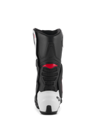 Alpinestars SMX-6 V3 støvler, performance-kørestøvler, sort, hvid og rød grafik, set bagfra med hvid TPU-hælkappe og røde detaljer, designet til motorcykelbane- og gadeperformance