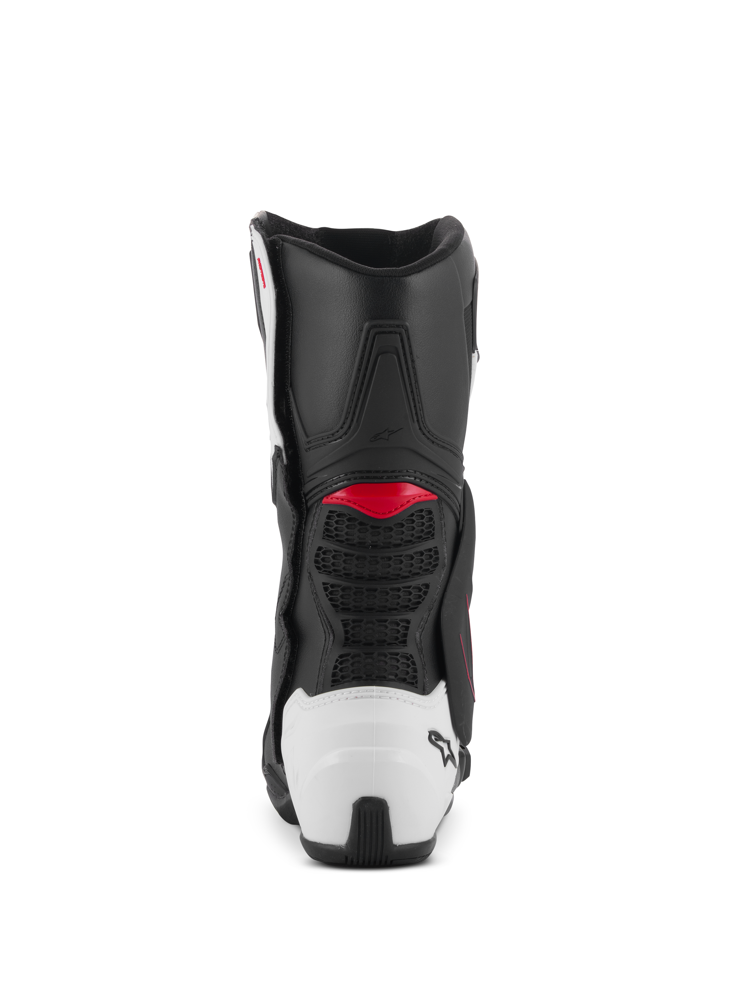 Alpinestars SMX-6 V3 støvler, performance-kørestøvler, sort, hvid og rød grafik, set bagfra med hvid TPU-hælkappe og røde detaljer, designet til motorcykelbane- og gadeperformance