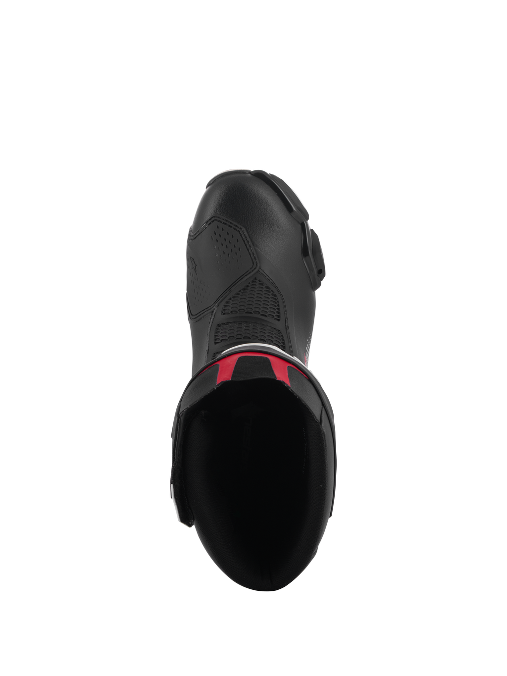 Alpinestars SMX-6 V3 støvler, højtydende kørestøvler, sort med røde detaljer, set oppefra, der viser den indvendige åbning og mikrofiberoverdel, strømlinet ergonomisk design til motorcykelløb