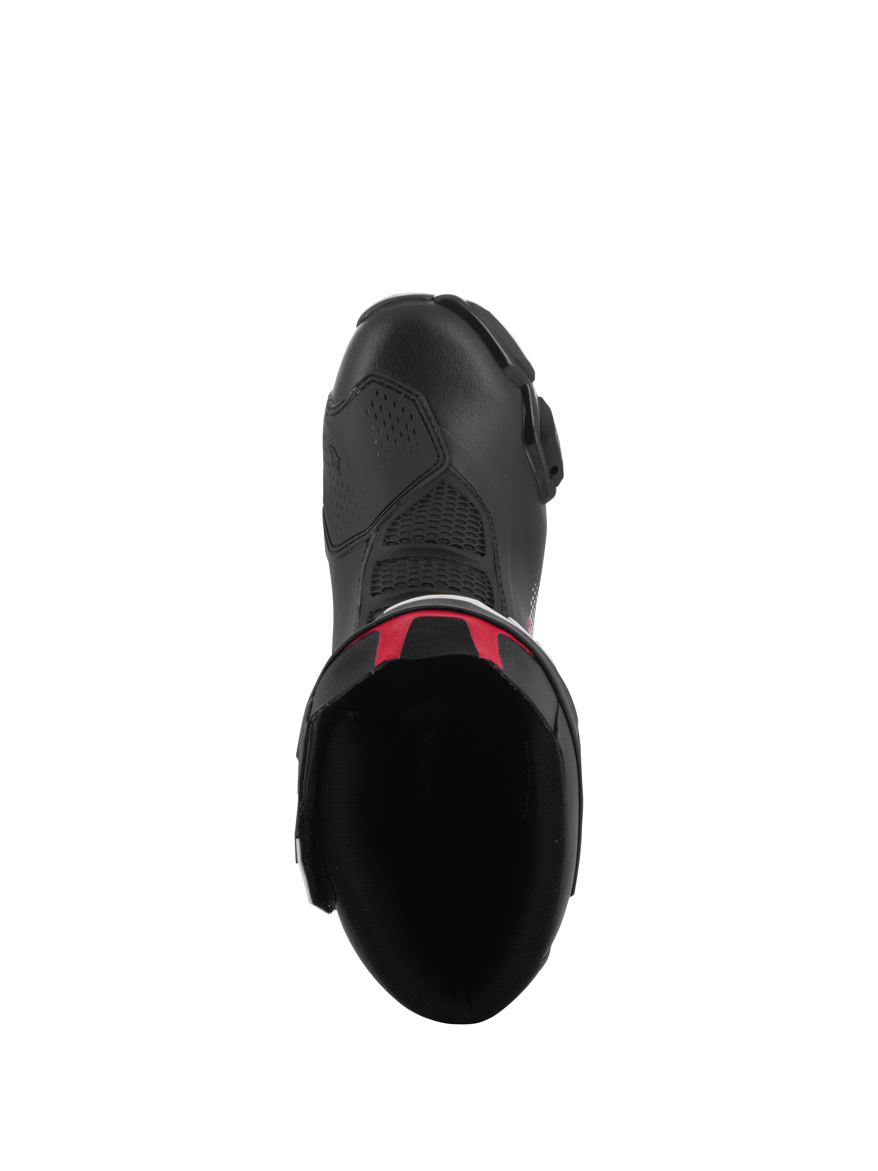 Alpinestars SMX-6 V3 støvler, højtydende kørestøvler, sort med røde detaljer, set oppefra, der viser den indvendige åbning og mikrofiberoverdel, strømlinet ergonomisk design til motorcykelløb