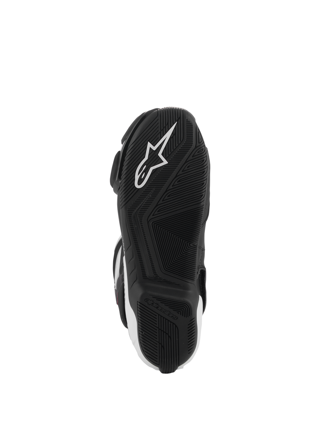 Alpinestars SMX-6 V3-støvler, sål set nedefra, sort gummi med tekstureret grebsmønster, hvidt Alpinestars-stjernelogo, højtydende motorcykelfodtøj