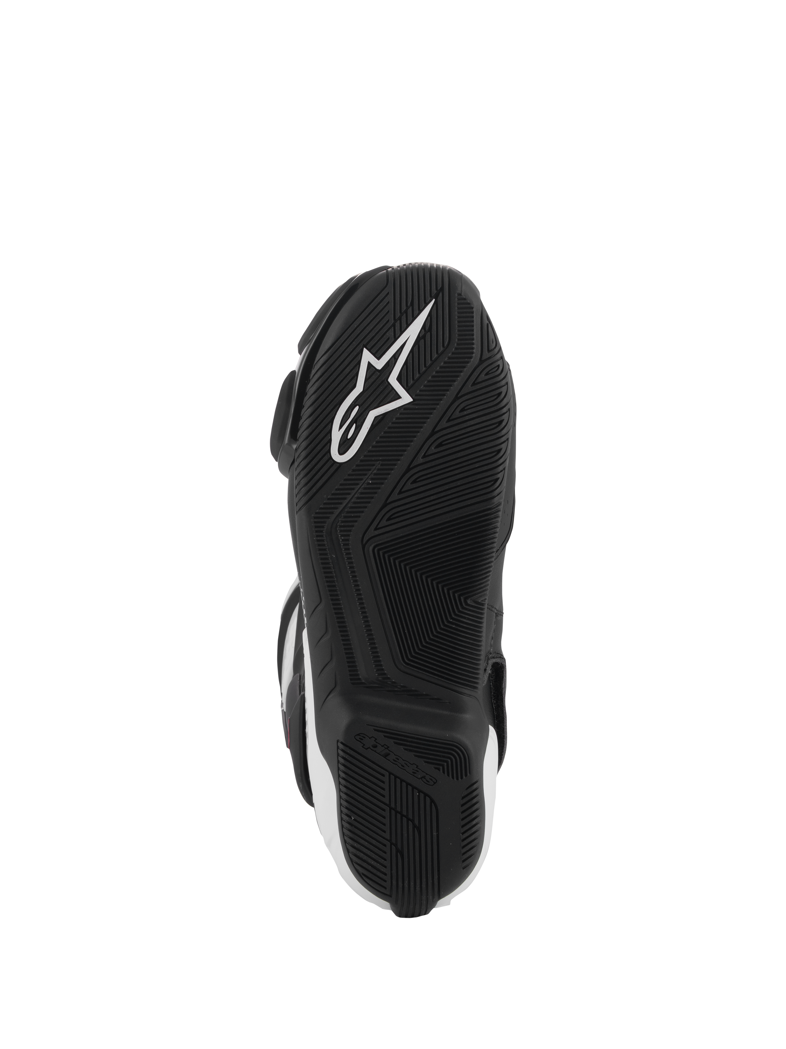 Alpinestars SMX-6 V3-støvler, sål set nedefra, sort gummi med tekstureret grebsmønster, hvidt Alpinestars-stjernelogo, højtydende motorcykelfodtøj