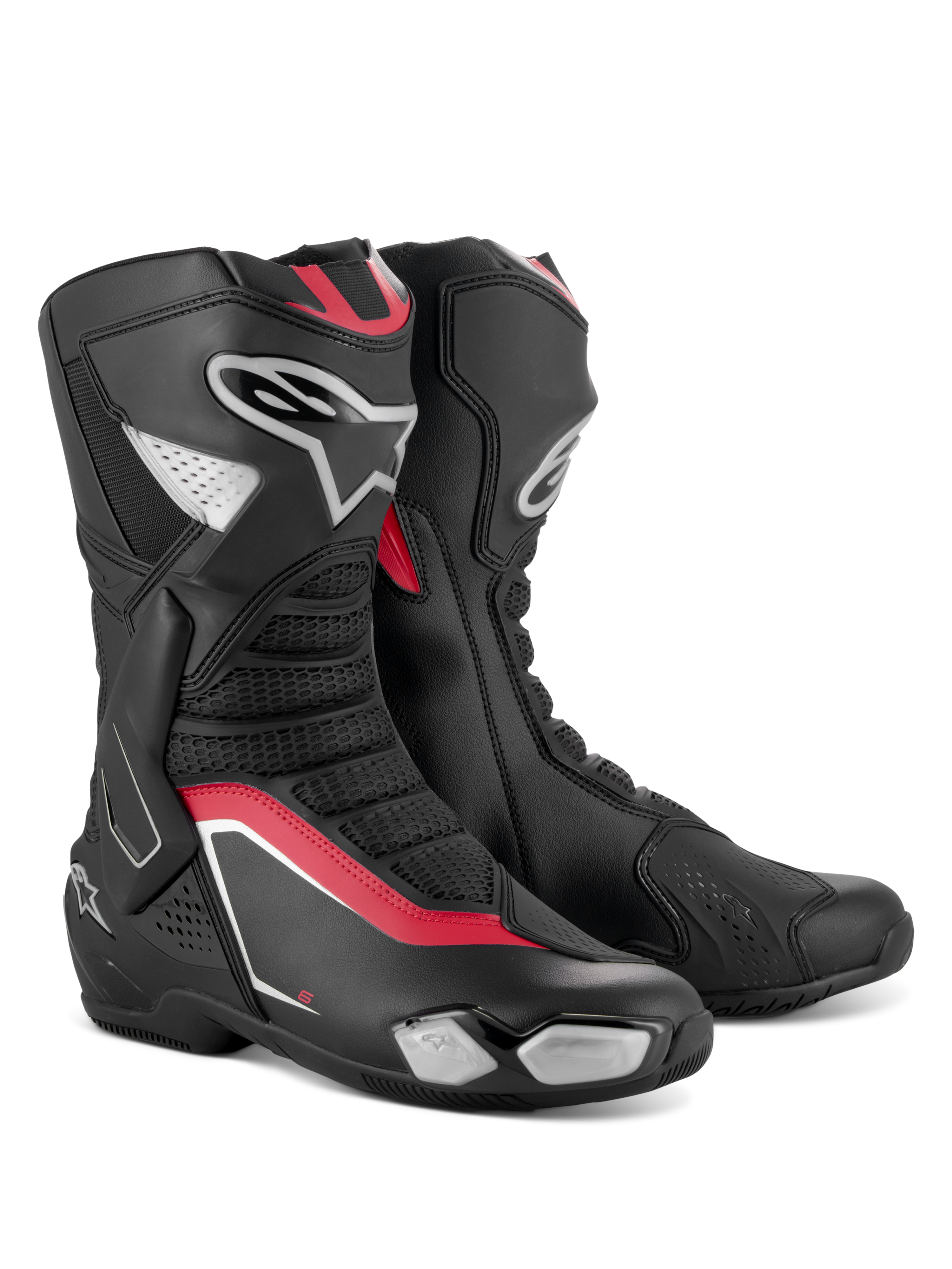 Alpinestars SMX-6 V3 støvler, performance motorcykelstøvler, sort, sølv og rød, med en strømlinet mikrofiberoverdel med TPU-beskyttelse, røde detaljer og Alpinestars-logo på siden.