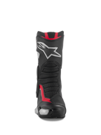 Alpinestars SMX-6 V3 støvler, motorcykel racing- og sportsstøvler, sort, sølv og rød, set forfra med TPU-skinnebensplade med sølvstjernelogo, mesh-flexpaneler og højtydende mikrofiberkonstruktion