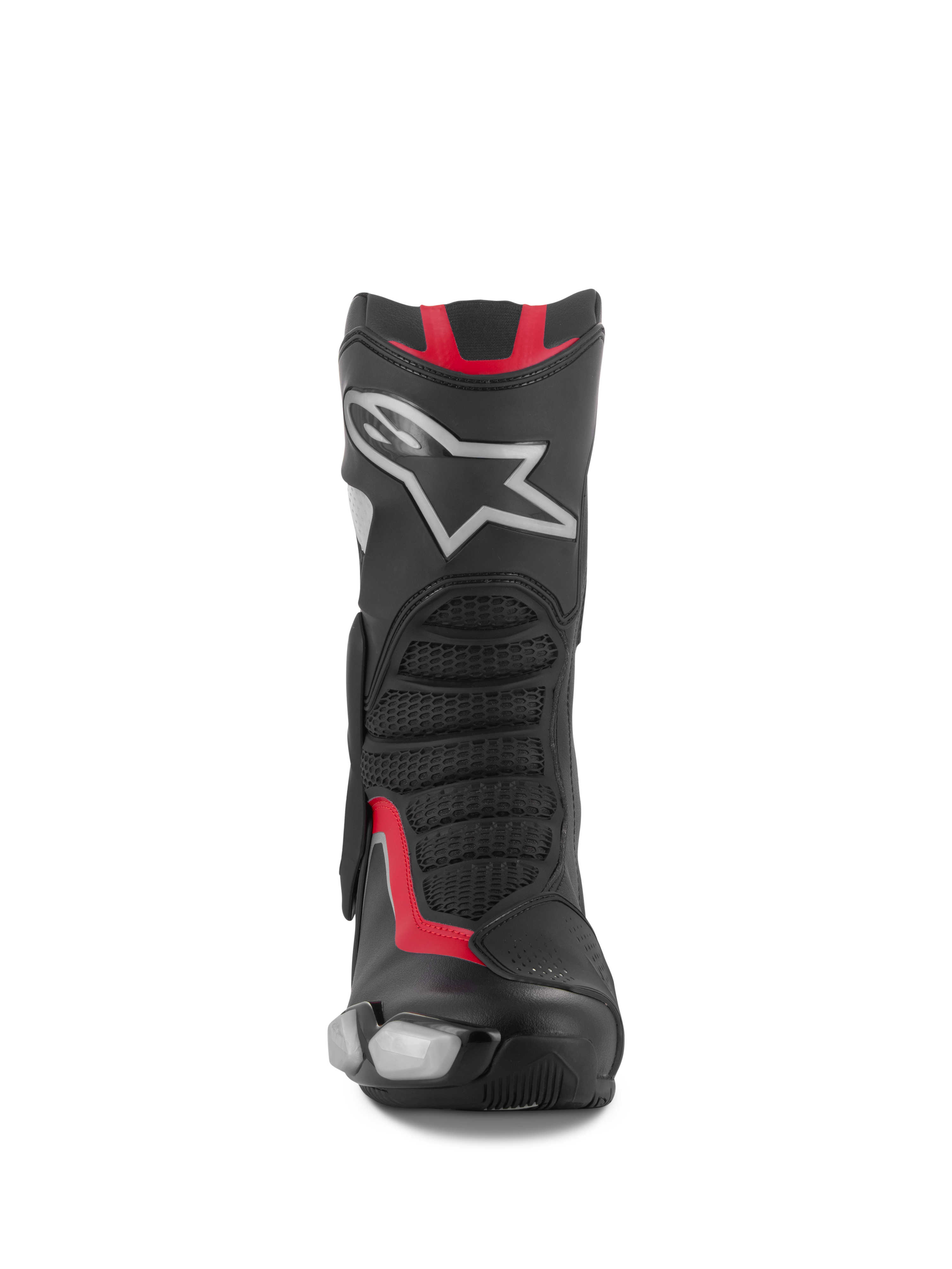 Alpinestars SMX-6 V3 støvler, motorcykel racing- og sportsstøvler, sort, sølv og rød, set forfra med TPU-skinnebensplade med sølvstjernelogo, mesh-flexpaneler og højtydende mikrofiberkonstruktion