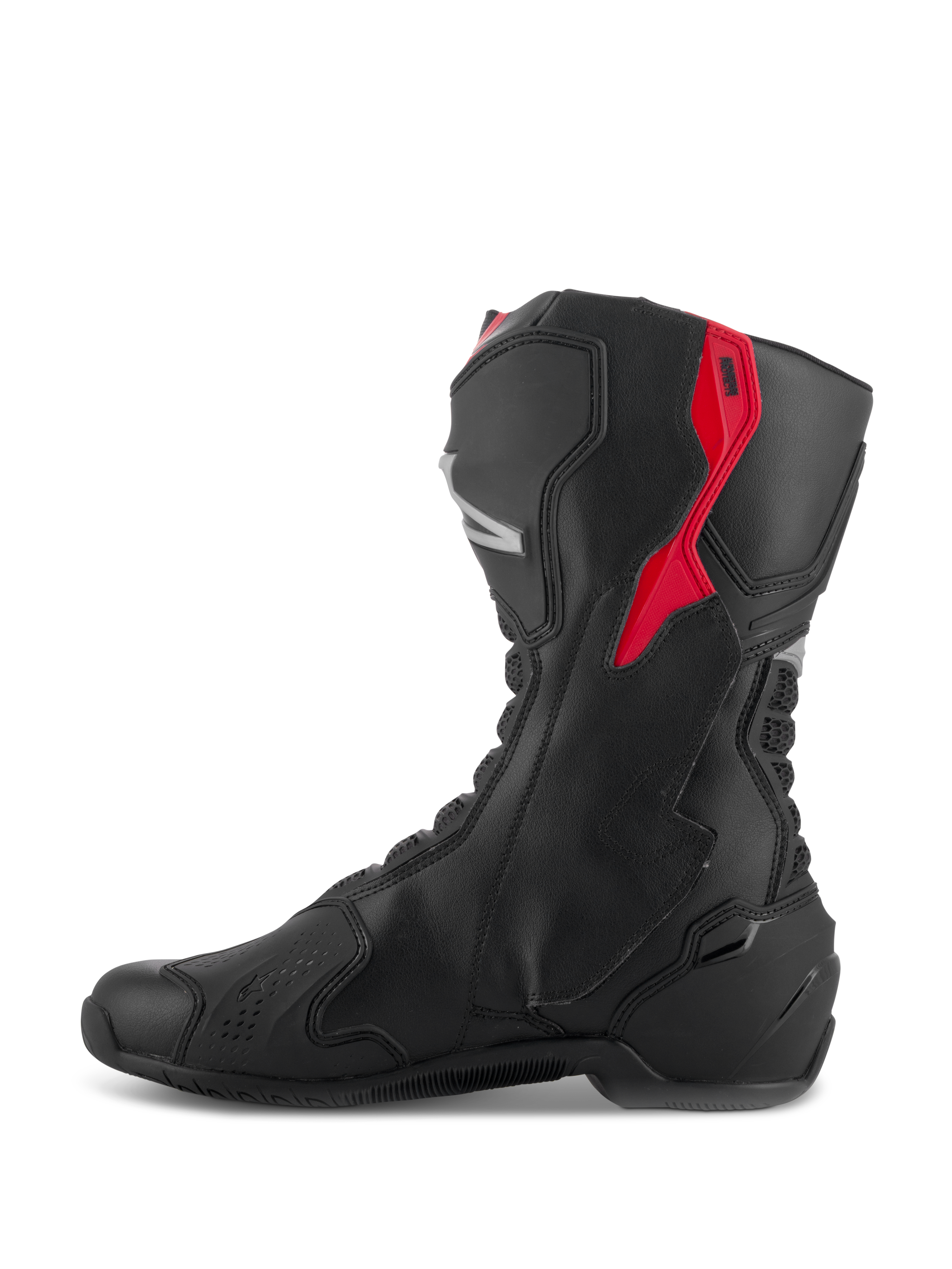 Alpinestars SMX-6 V3 støvler, højtydende kørestøvler, sort med røde og sølvfarvede detaljer, sideprofilvisning der viser mikrofiberkonstruktion og beskyttende TPU-paneler, race-afledt design til præstation på bane og gade.