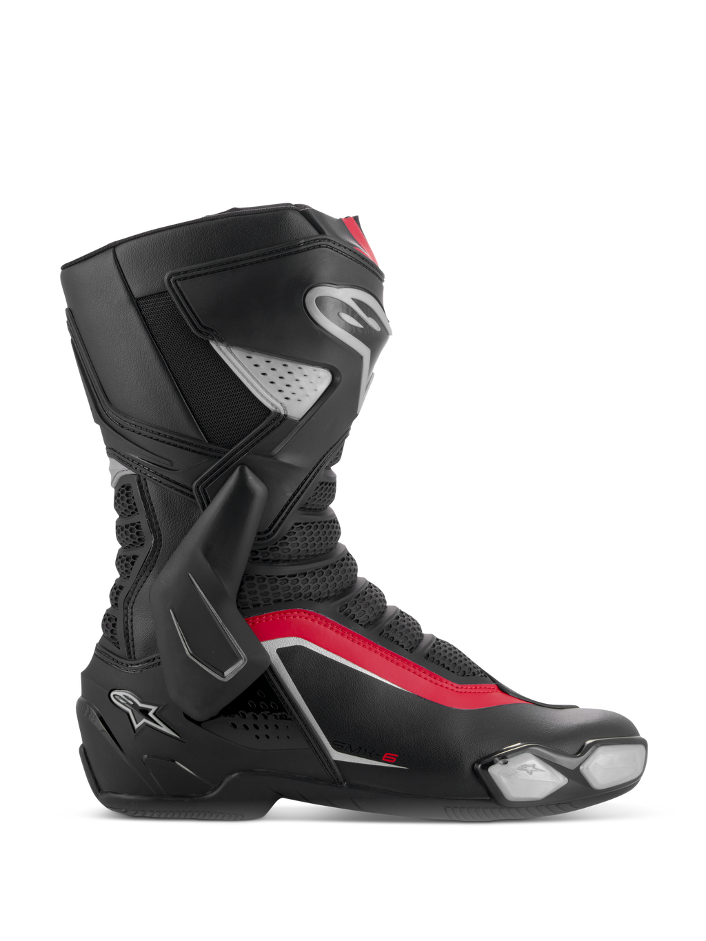 Alpinestars SMX-6 V3 støvler, motorcykelracingstøvler, sort, sølv og rød, sideprofilvisning der viser TPU lateral ankelbeskyttelse, udskiftelig tåslider og mesh-flekszoner til bane- og gadekørsel.