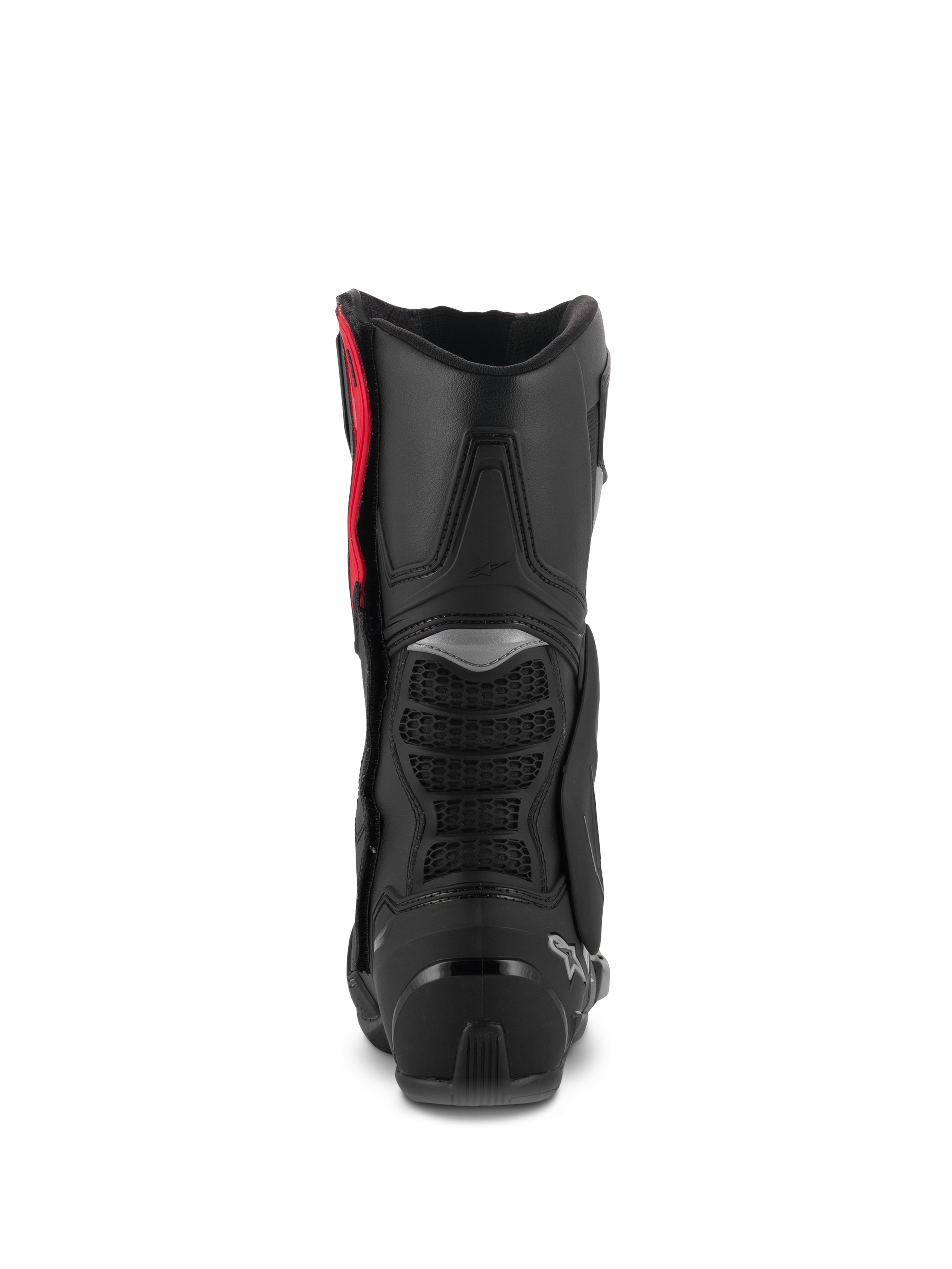 Alpinestars SMX-6 V3 støvler, performance-kørestøvler, sort, sølv og rød, set bagfra med TPU-lægbeskytter, mesh-flekszoner og hælforstærkning, højtydende beskyttende fodtøj