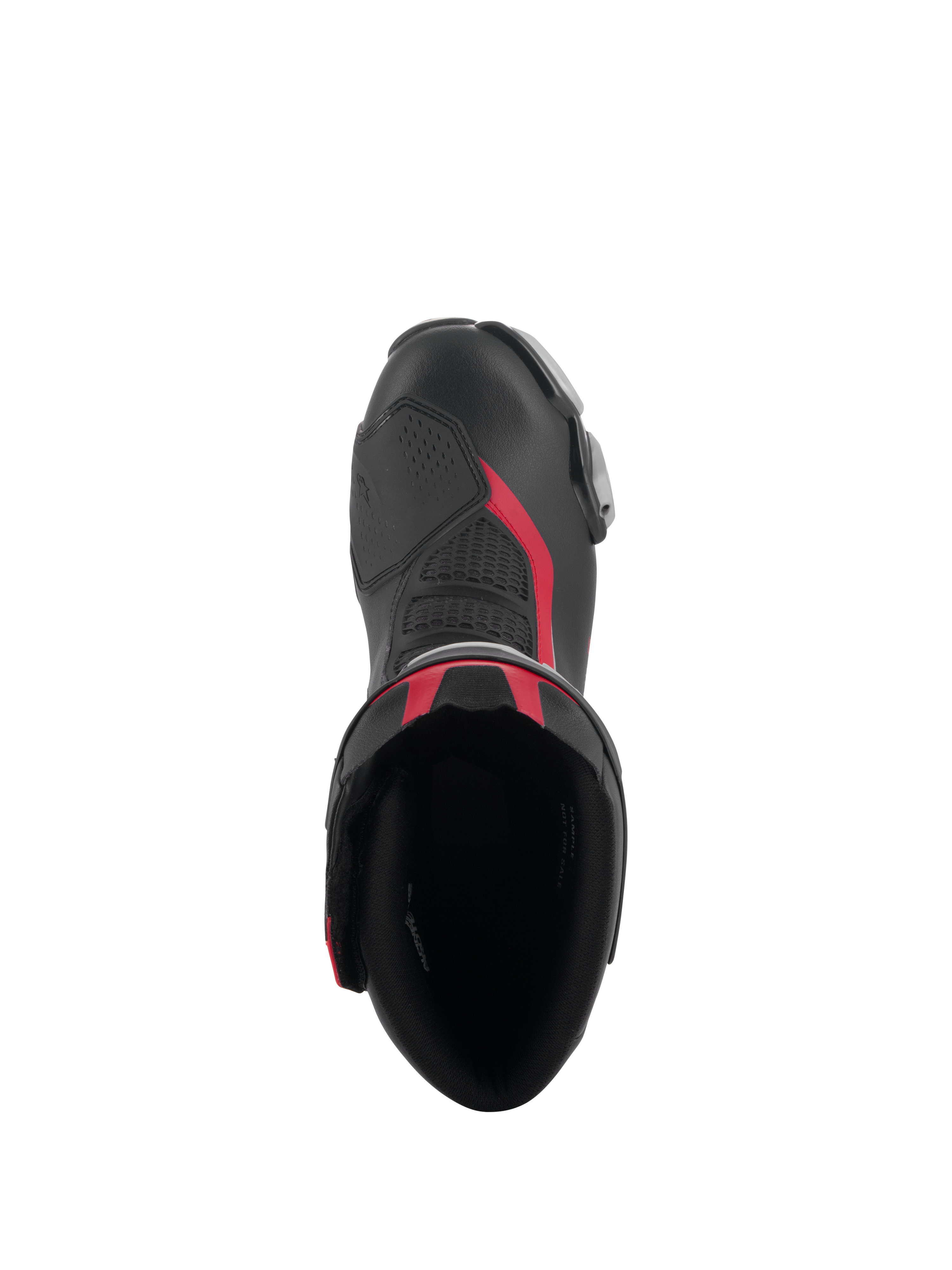 Set fra oven af Alpinestars SMX-6 V3-støvler i sort, sølv og rød, med støvlens åbning, mikrofiberkonstruktion med røde detaljer og integreret TPU-gearskifterzone.