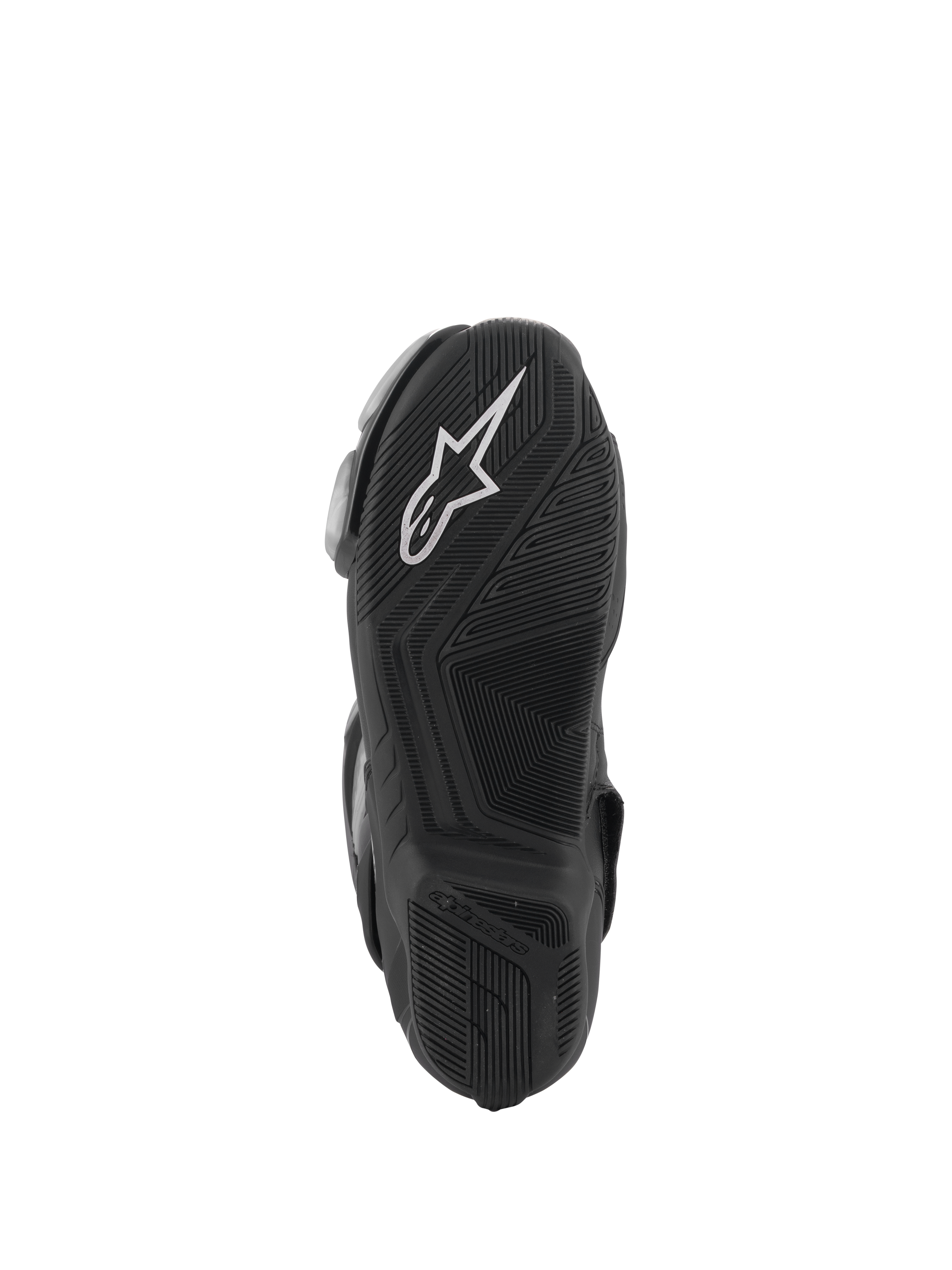 Alpinestars SMX-6 V3 støvler, sort, set fra bunden med en tekstureret gummiydersål for greb, hvidt Alpinestars-logo på hælen, præget branding, designet til performance-kørsel på bane og vej.