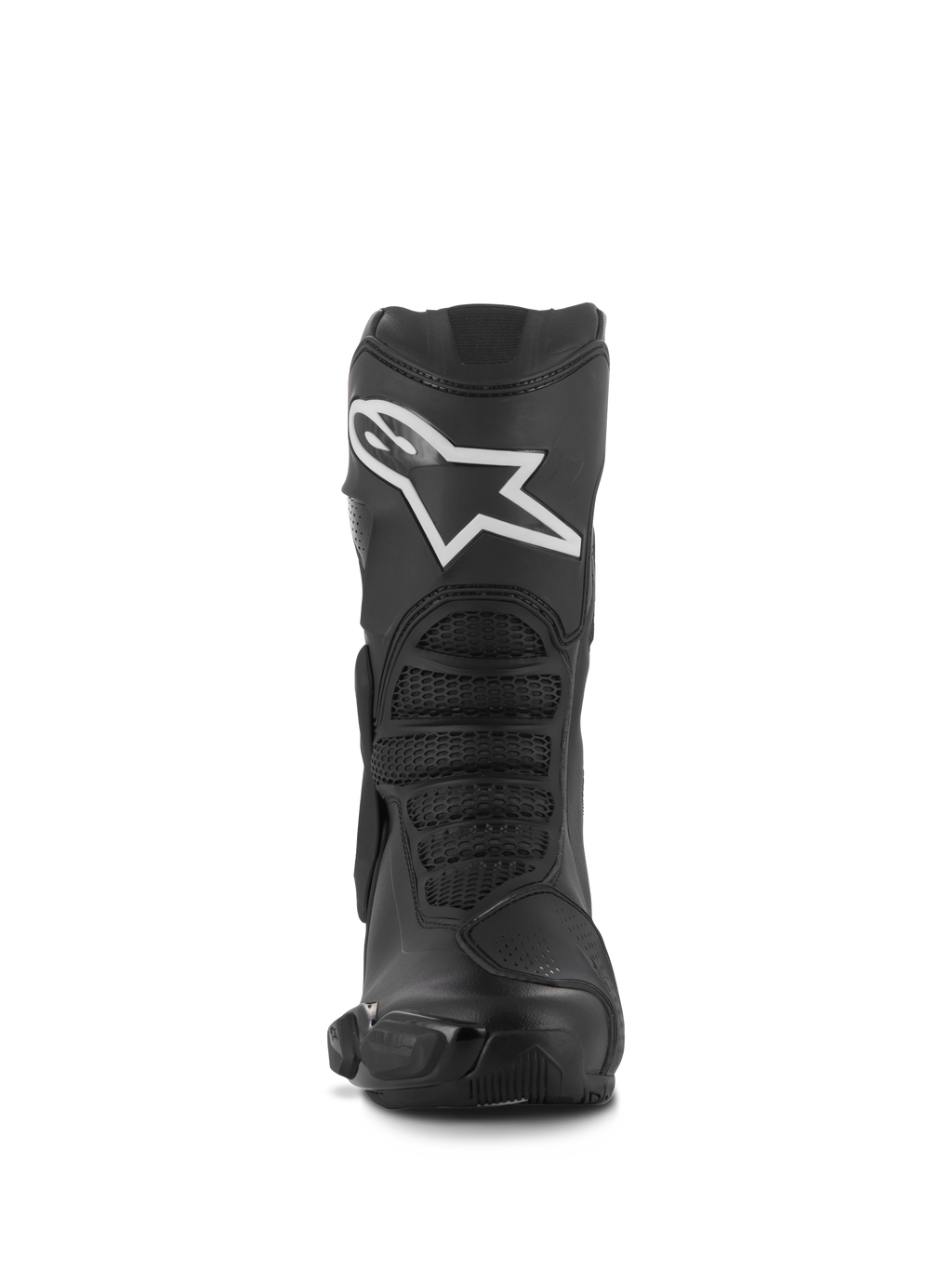 Alpinestars Stella SMX-6 V3 støvler, performance-kørselsstøvler til damer, sort med hvidt Alpinestars-logo, set forfra med TPU-skinnebensbeskytter og fleksible mesh-zoner, slidstærk mikrofiberkonstruktion