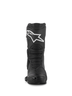 Alpinestars Stella SMX-6 V3 støvler, performance-kørselsstøvler til damer, sort med hvidt Alpinestars-logo, set forfra med TPU-skinnebensbeskytter og fleksible mesh-zoner, slidstærk mikrofiberkonstruktion