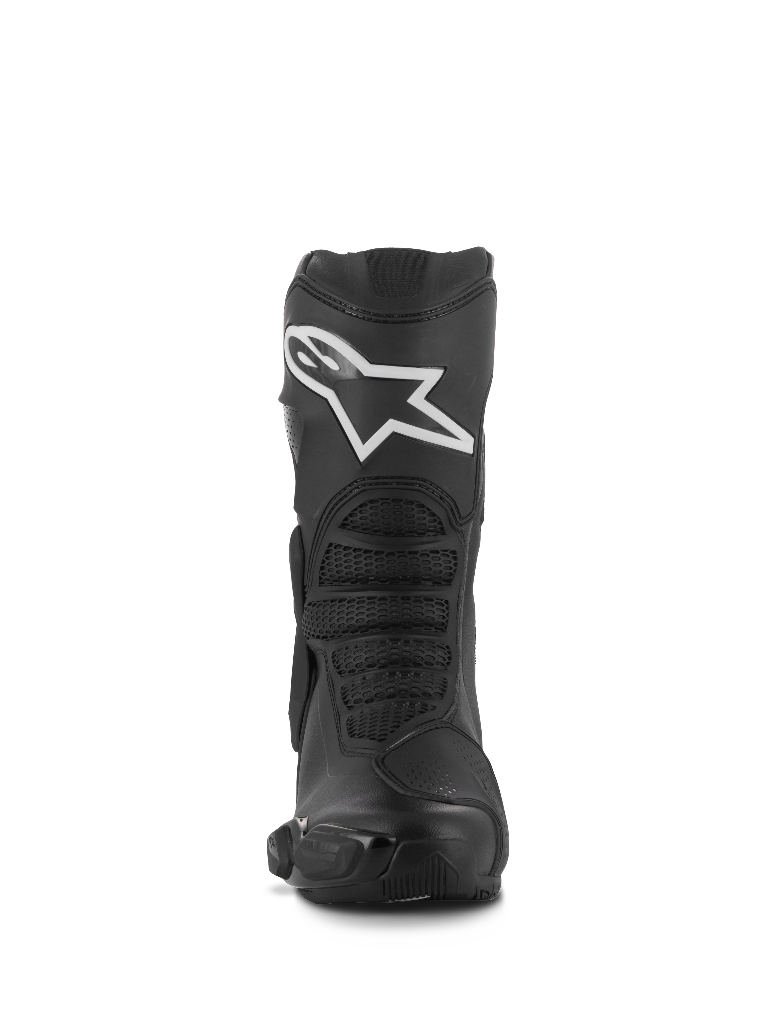 Alpinestars Stella SMX-6 V3 støvler, performance-kørselsstøvler til damer, sort med hvidt Alpinestars-logo, set forfra med TPU-skinnebensbeskytter og fleksible mesh-zoner, slidstærk mikrofiberkonstruktion