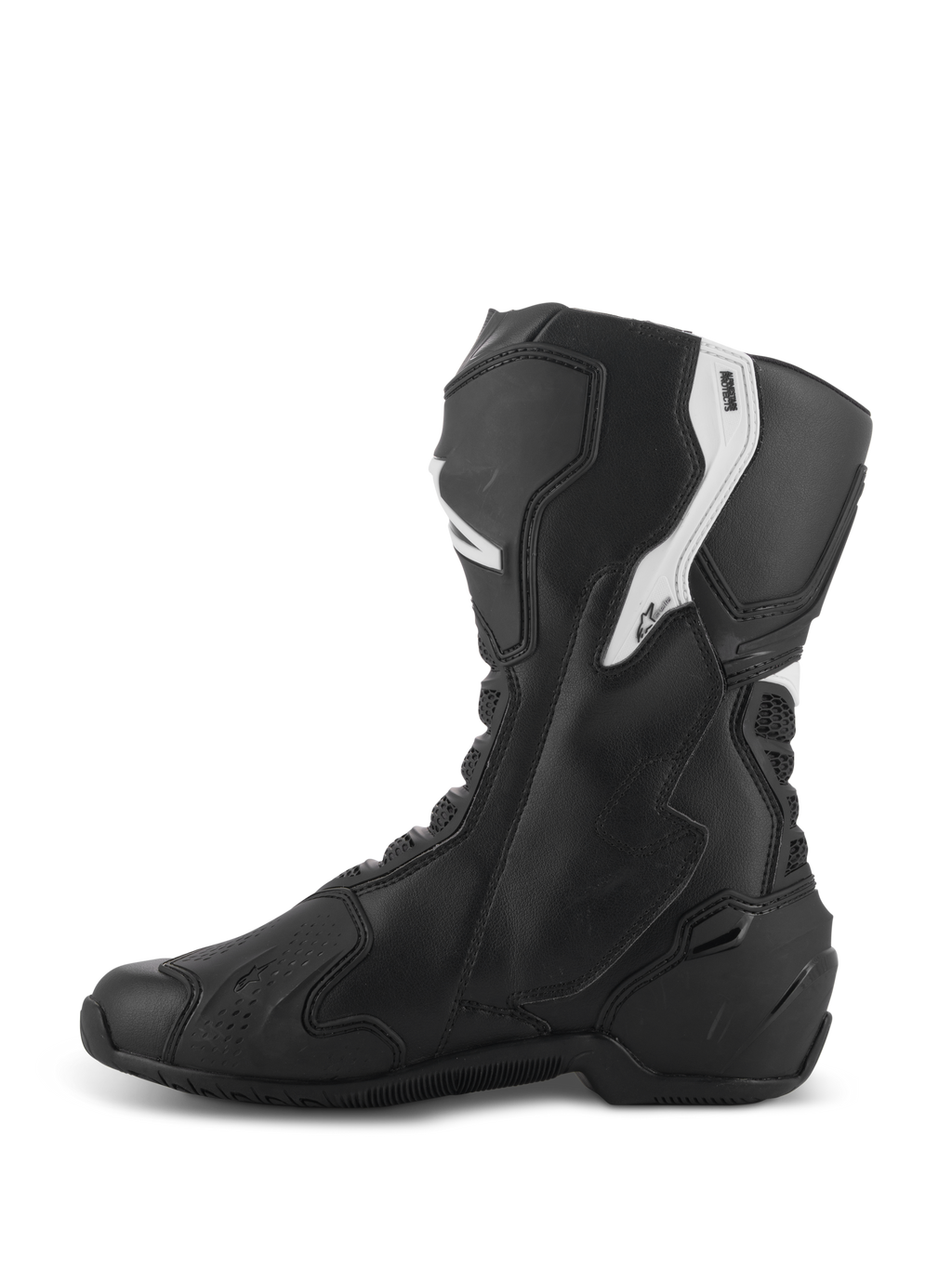 Alpinestars Stella SMX-6 V3 støvler, performance-kørselsstøvler til damer, sort og hvid, set fra den mediale side med ergonomisk mikrofiberoverdel med TPU-beskyttelse af skinneben og ankel, fleksible mesh-zoner og strømlinet design til bane- og gadebrug.