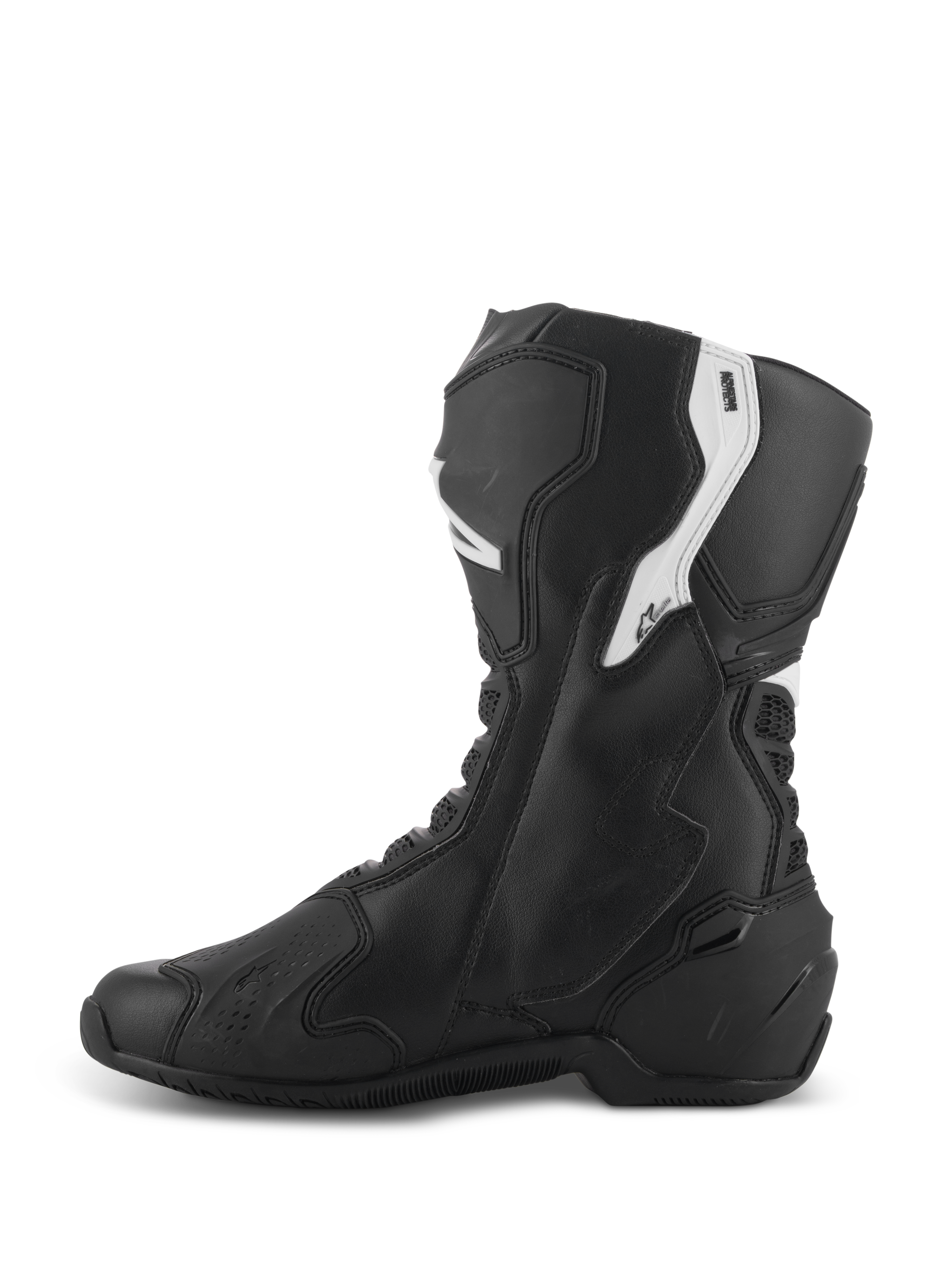 Alpinestars Stella SMX-6 V3 støvler, performance-kørselsstøvler til damer, sort og hvid, set fra den mediale side med ergonomisk mikrofiberoverdel med TPU-beskyttelse af skinneben og ankel, fleksible mesh-zoner og strømlinet design til bane- og gadebrug.