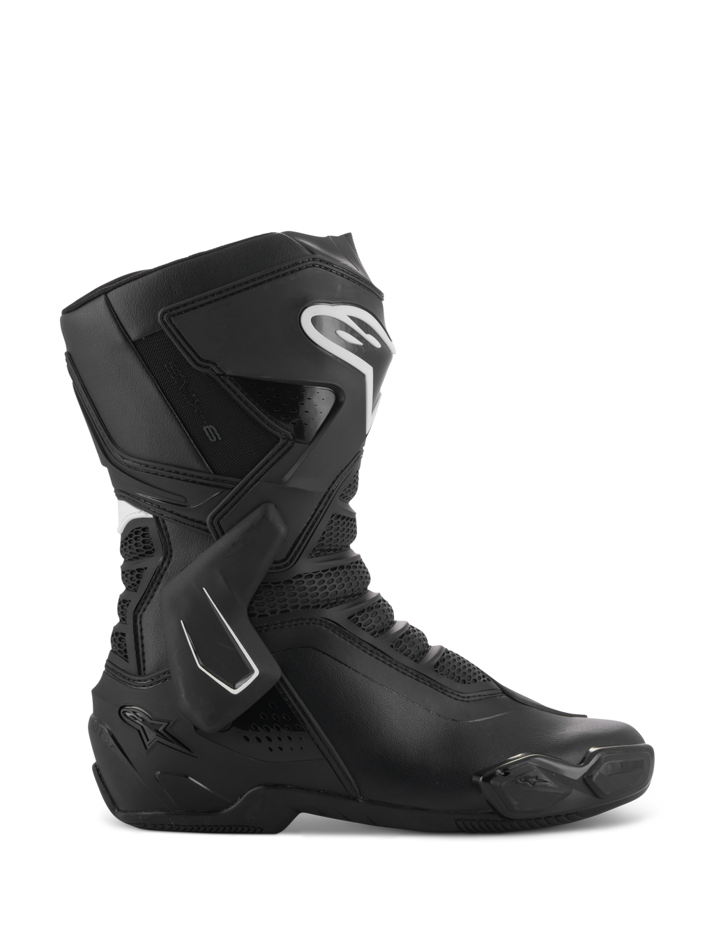 Alpinestars Stella SMX-6 V3 støvler, motorcykelracingstøvler til damer, sort og hvid, profilvisning fra siden med TPU-ankelstøtte og skinnebensbeskyttere, åndbare mesh-paneler, hvidt Alpinestars-logo på fronten, udviklet til performance på bane og gade