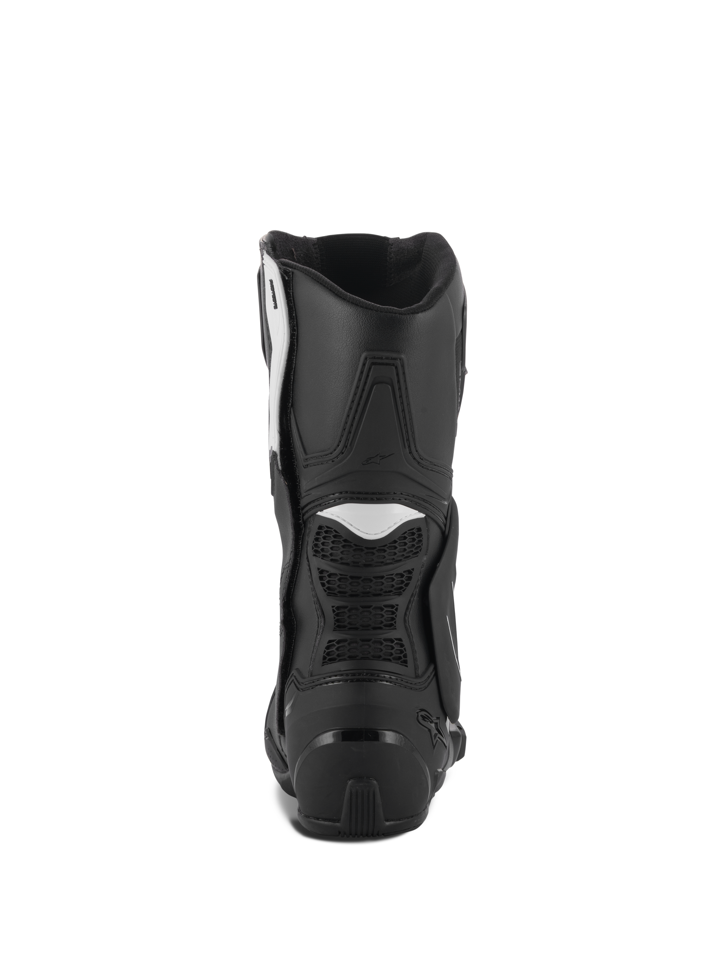 Alpinestars Stella SMX-6 V3 støvler, motorcykelstøvler til damer, sort og hvid, set bagfra med TPU-hælkappe og fleksible harmonikapaneler, slidstærkt performance-design