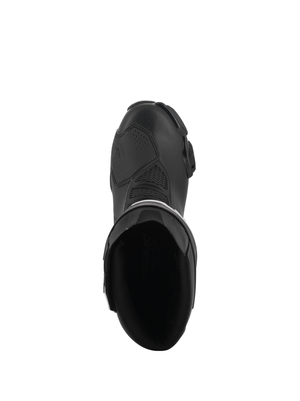 Alpinestars Stella SMX-6 V3 støvler, performance-kørselsstøvler til damer, sort, set fra oven, der viser den indvendige åbning, forstærket gearskifterzone og strømlinet ergonomisk design.