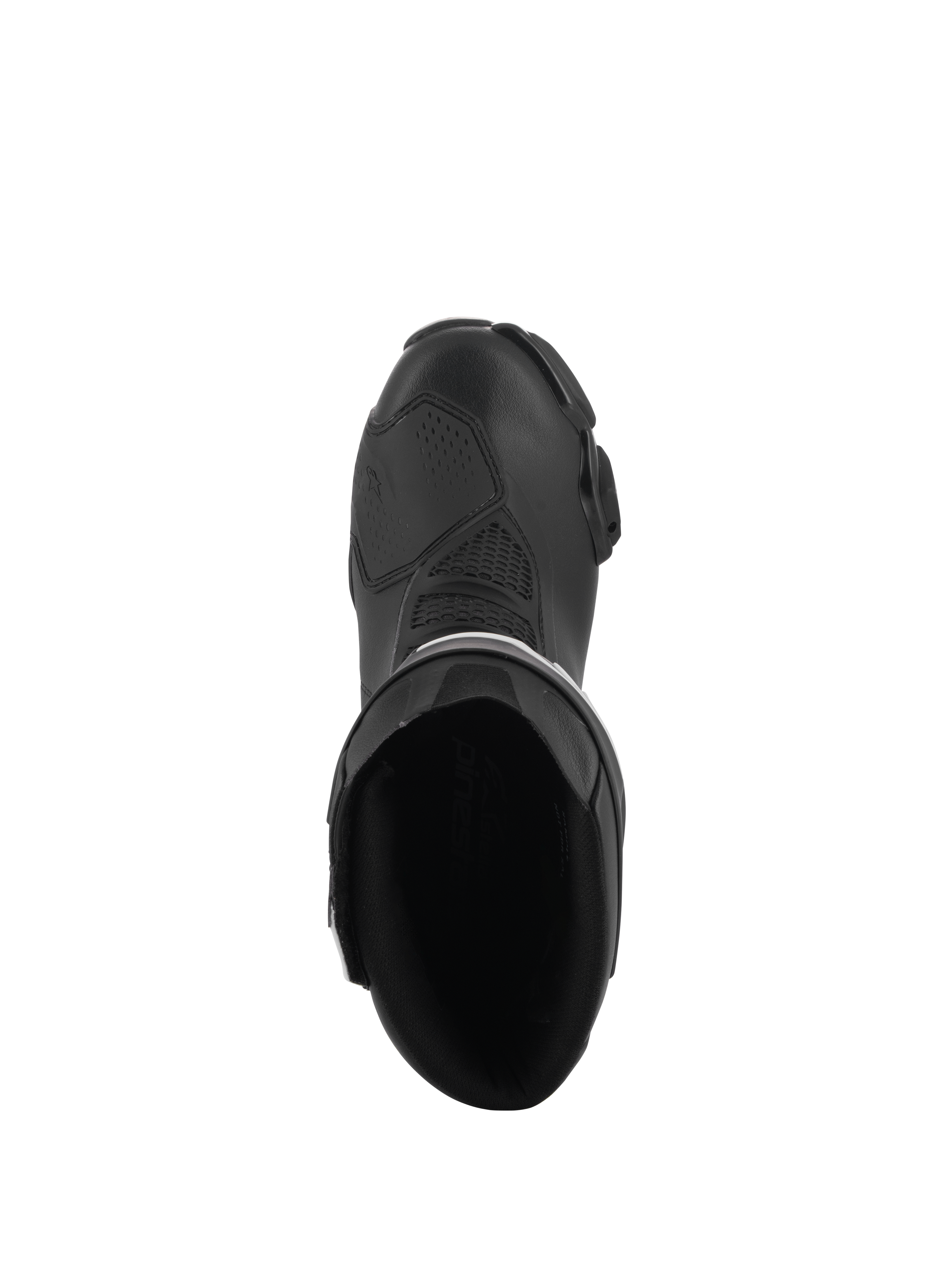 Alpinestars Stella SMX-6 V3 støvler, performance-kørselsstøvler til damer, sort, set fra oven, der viser den indvendige åbning, forstærket gearskifterzone og strømlinet ergonomisk design.