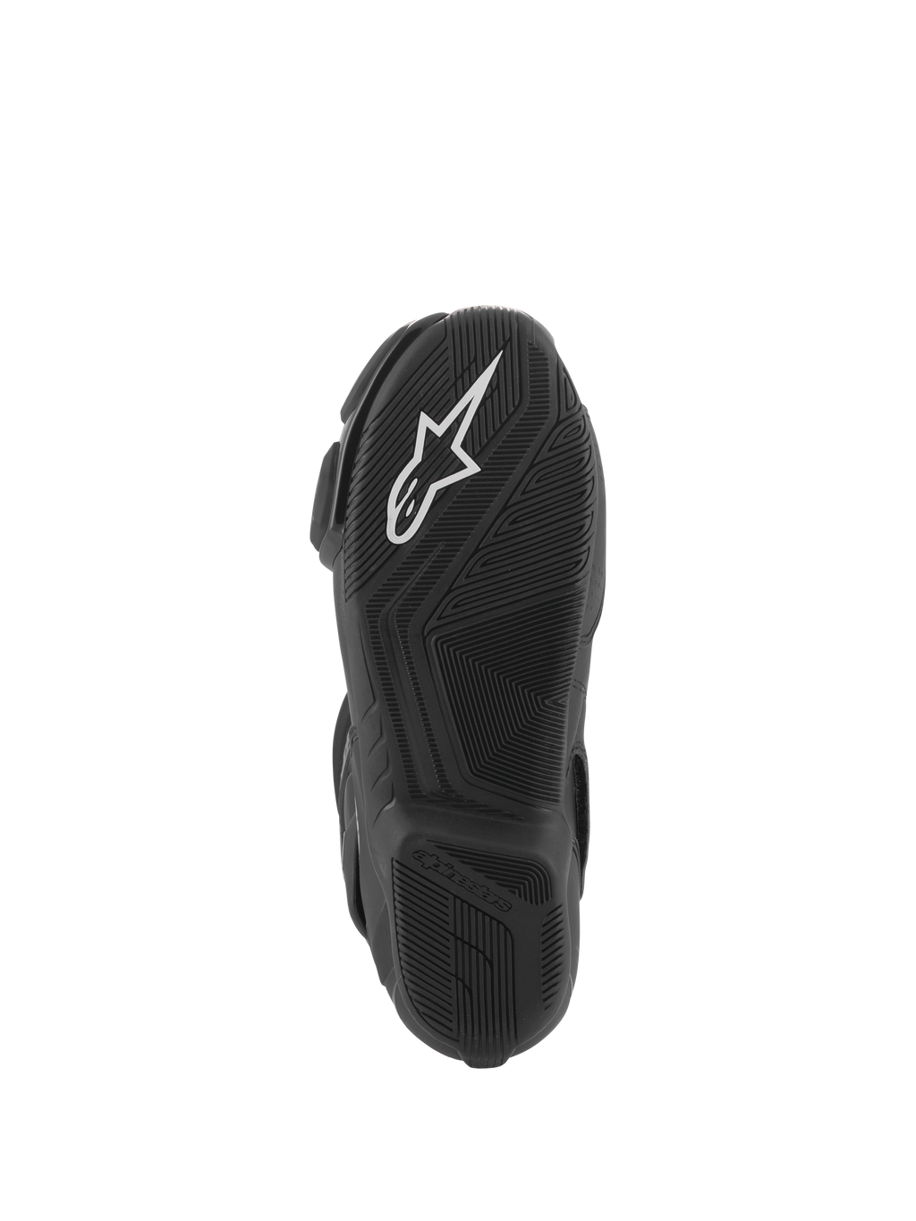 Alpinestars Stella SMX-6 V3-støvler, visning af sålen, sort letvægtsgummiblanding med tekstureret greb, hvidt Alpinestars-logo, designet til performance på bane og gade
