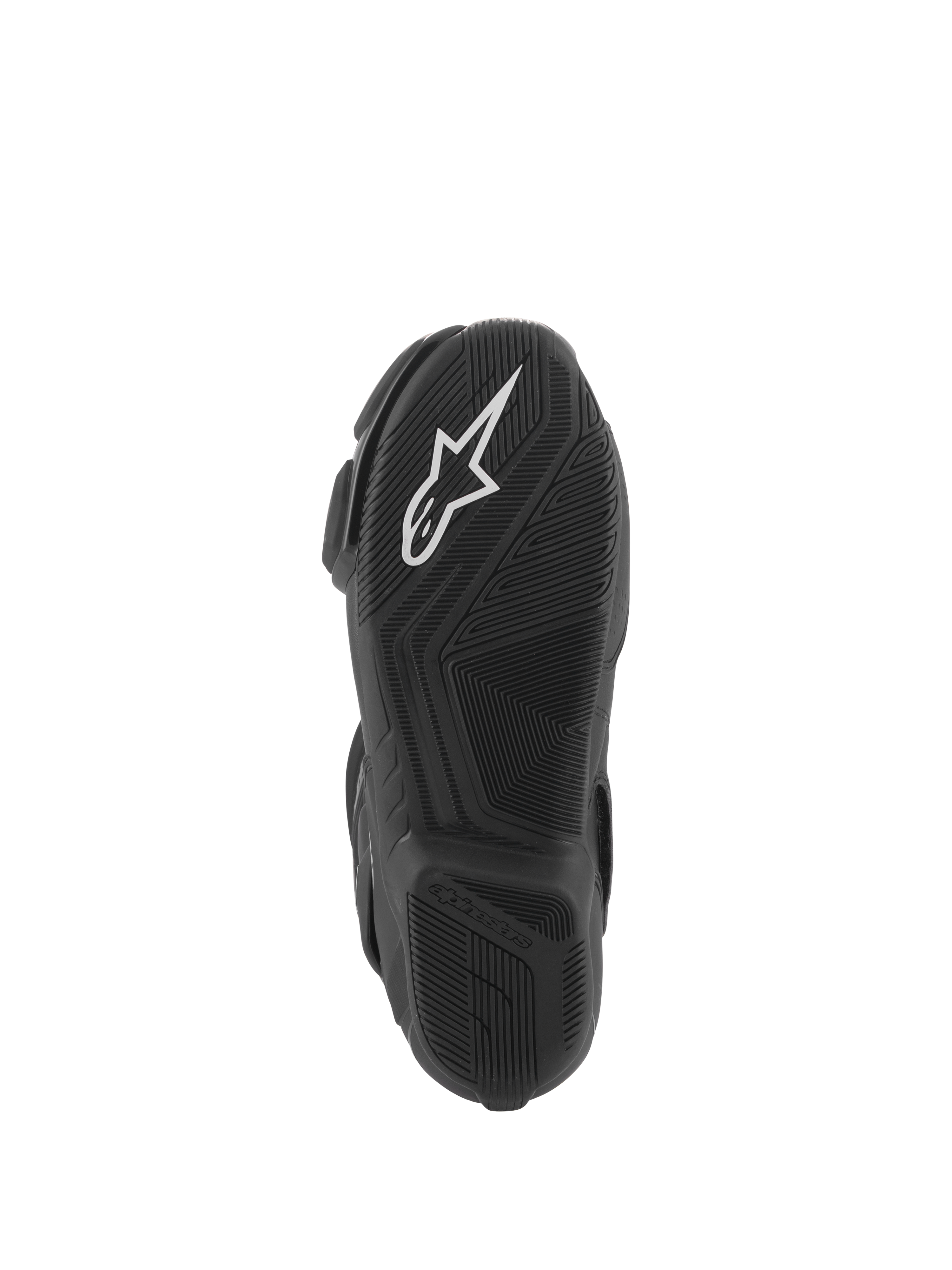 Alpinestars Stella SMX-6 V3-støvler, visning af sålen, sort letvægtsgummiblanding med tekstureret greb, hvidt Alpinestars-logo, designet til performance på bane og gade