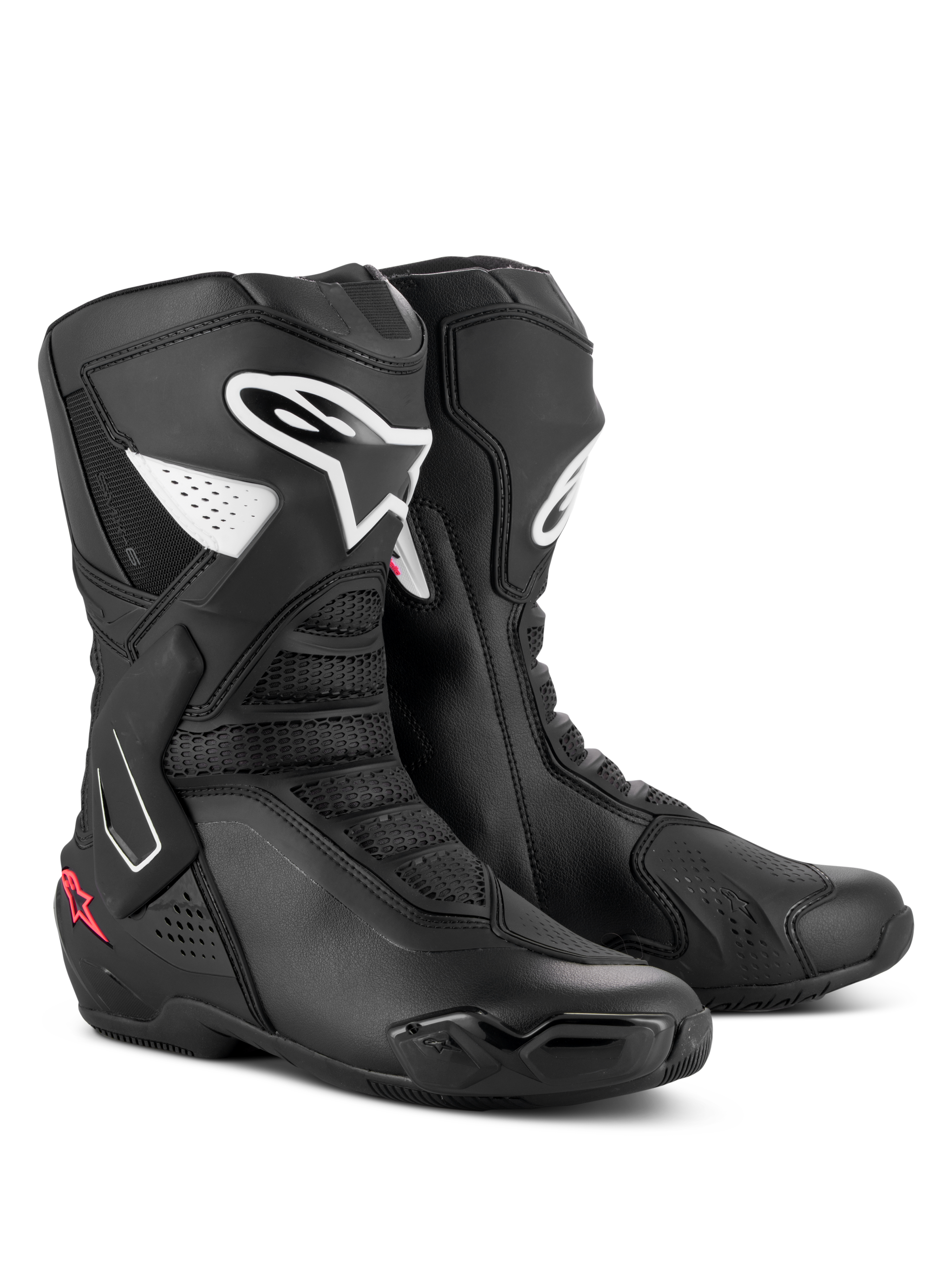 Alpinestars Stella SMX-6 V3 Boots, Women's Performance Riding Boots, Black White and Diva Pink, featuring white Alpinestars logos and pink star accents, sleek microfiber construction with TPU protectors for track and street performance