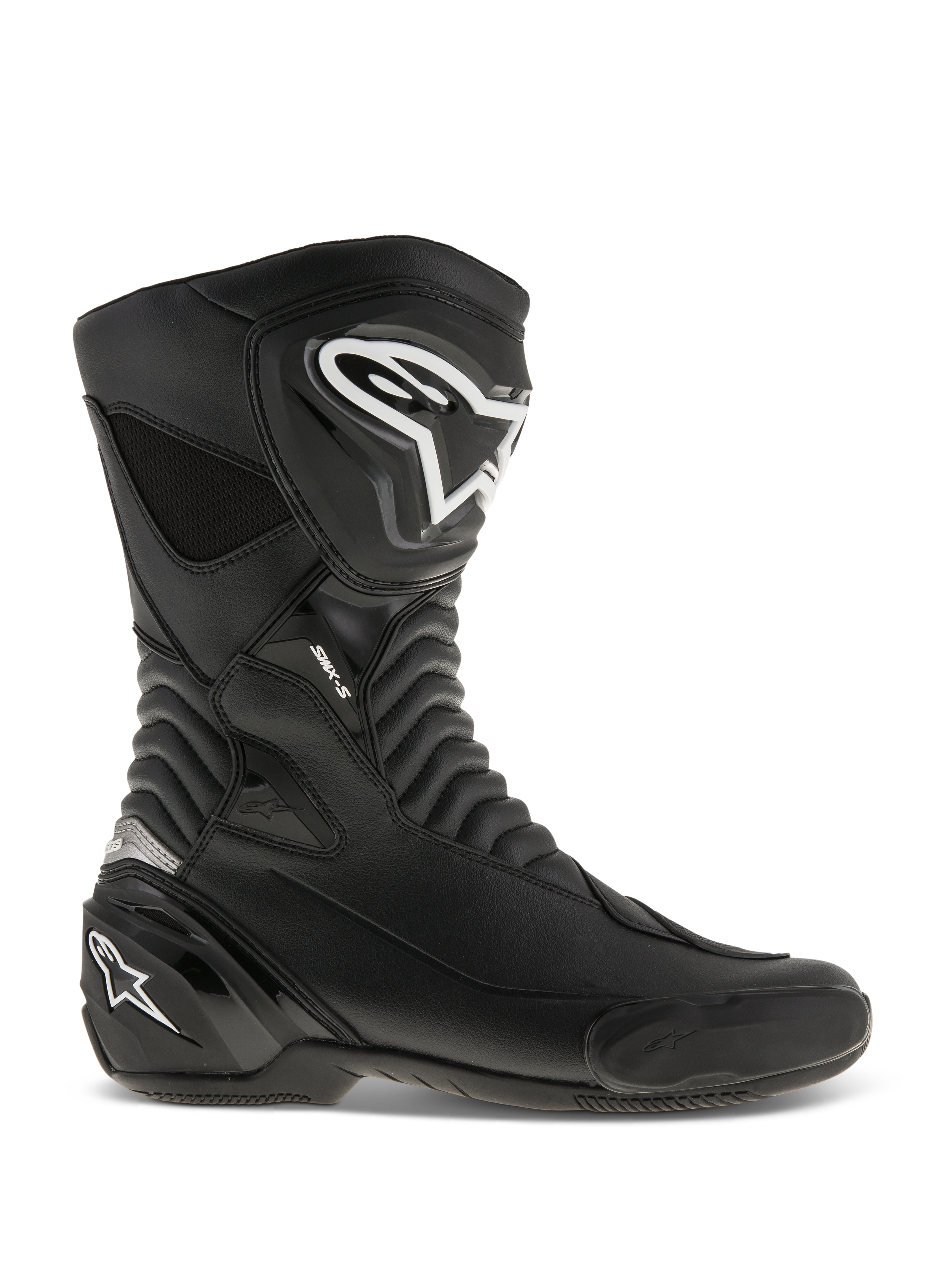 Alpinestars SMX S Boots, Motorcycle Racing Boots, Black with White logos, side profile view featuring durable microfiber construction, reinforced shin and heel protection, flexible accordion flex zones, and a sleek aerodynamic design for sport riding.