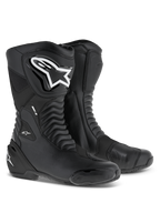 Alpinestars SMX S Boots, Sport Motorcycle Riding Boots, Black and White, tall boot design featuring large white logos, reinforced protective shields on the shin and heel, and flexible accordion panels for racing and road performance.