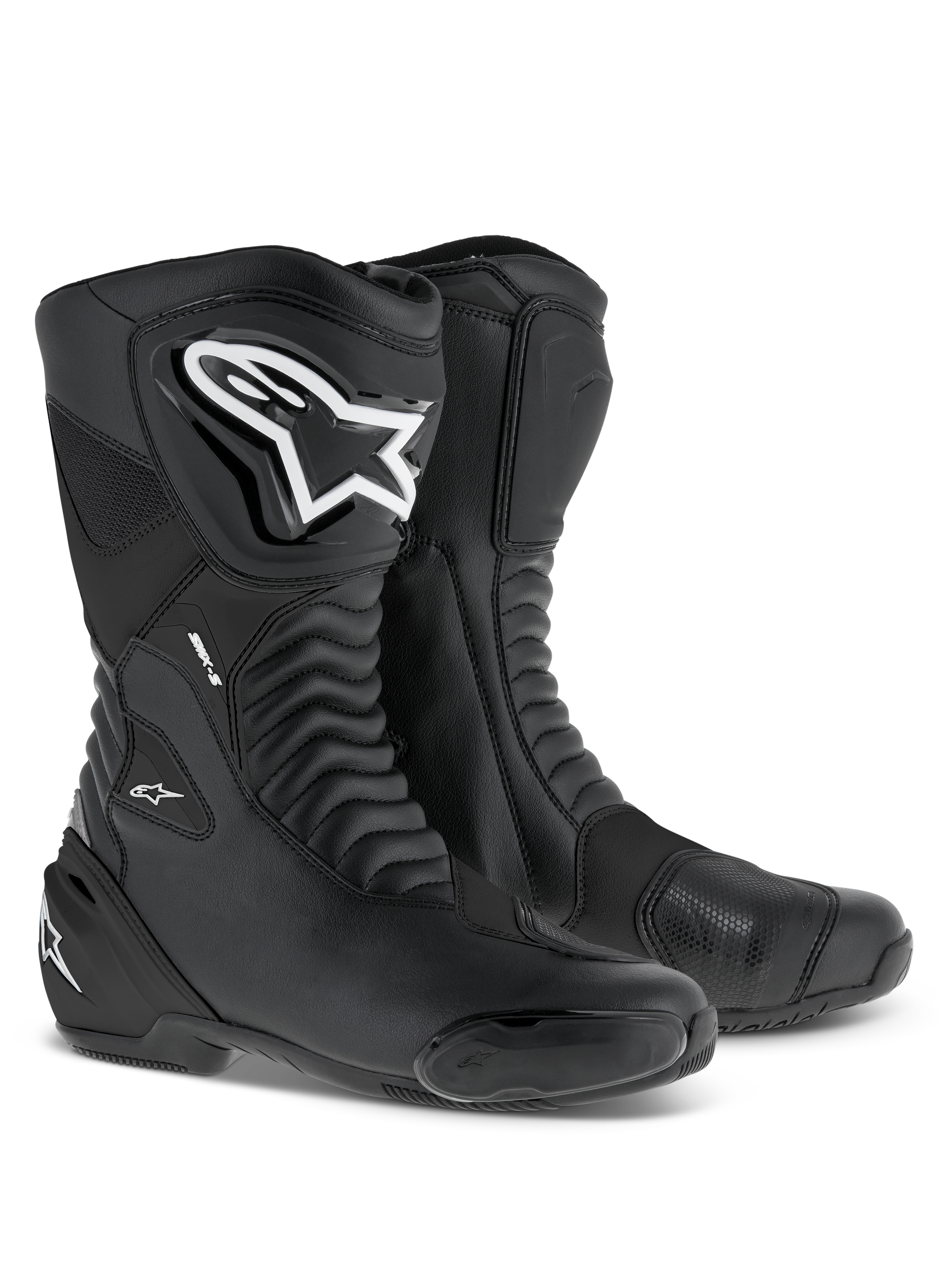 Alpinestars SMX S Boots, Sport Motorcycle Riding Boots, Black and White, tall boot design featuring large white logos, reinforced protective shields on the shin and heel, and flexible accordion panels for racing and road performance.