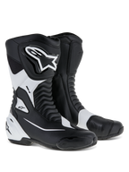 Alpinestars SMX S Boots, Sport Motorcycle Boots, Black and White, featuring a durable microfiber upper with PU shin and heel shields, accordion flex panels, and prominent Alpinestars branding, performance road riding footwear.