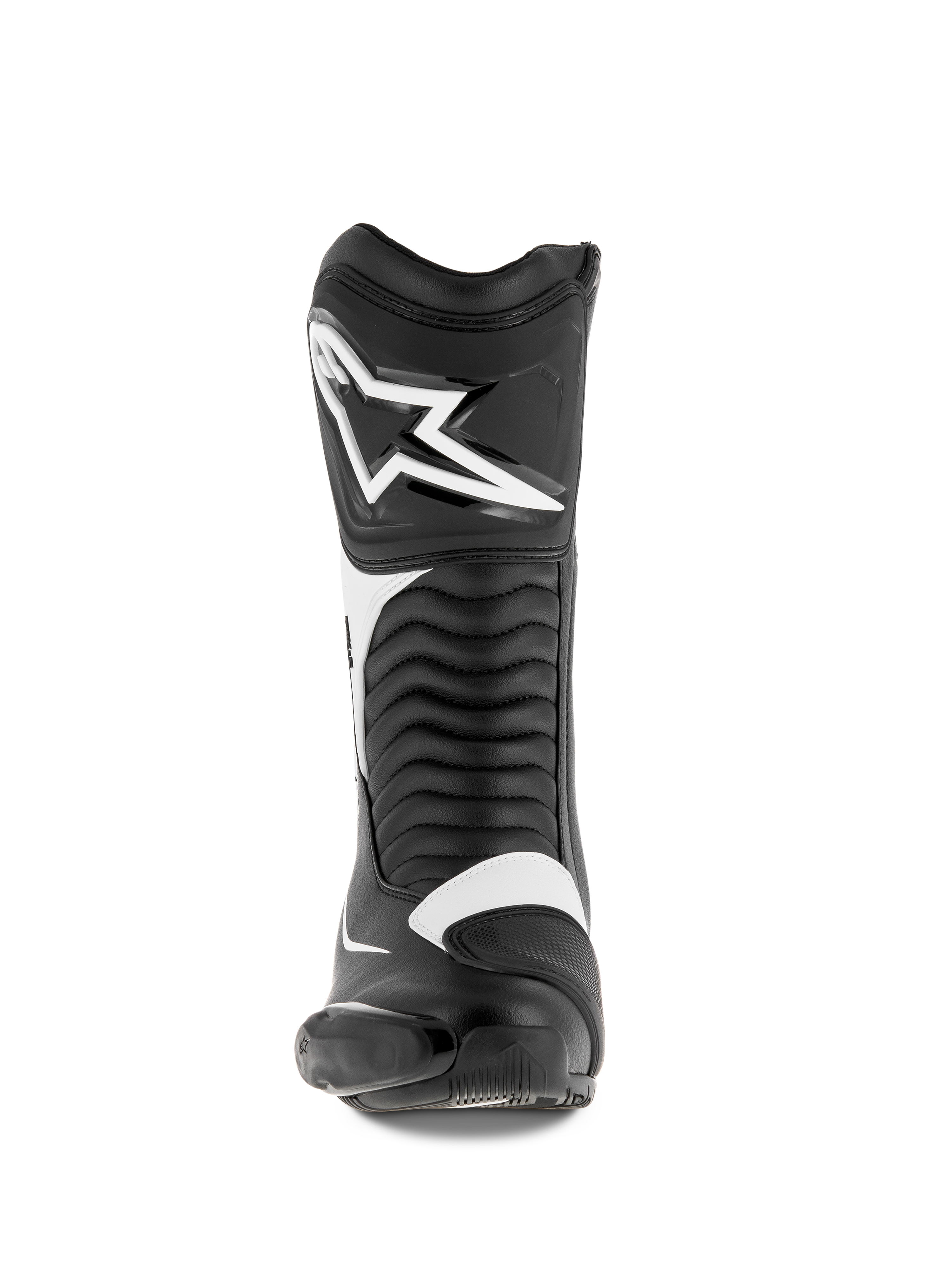 Alpinestars SMX S Boots, Motorcycle Boots, Black and White, front view featuring a large white Alpinestars logo on the shin, accordion flex panels, and durable microfiber construction with protective PU shields