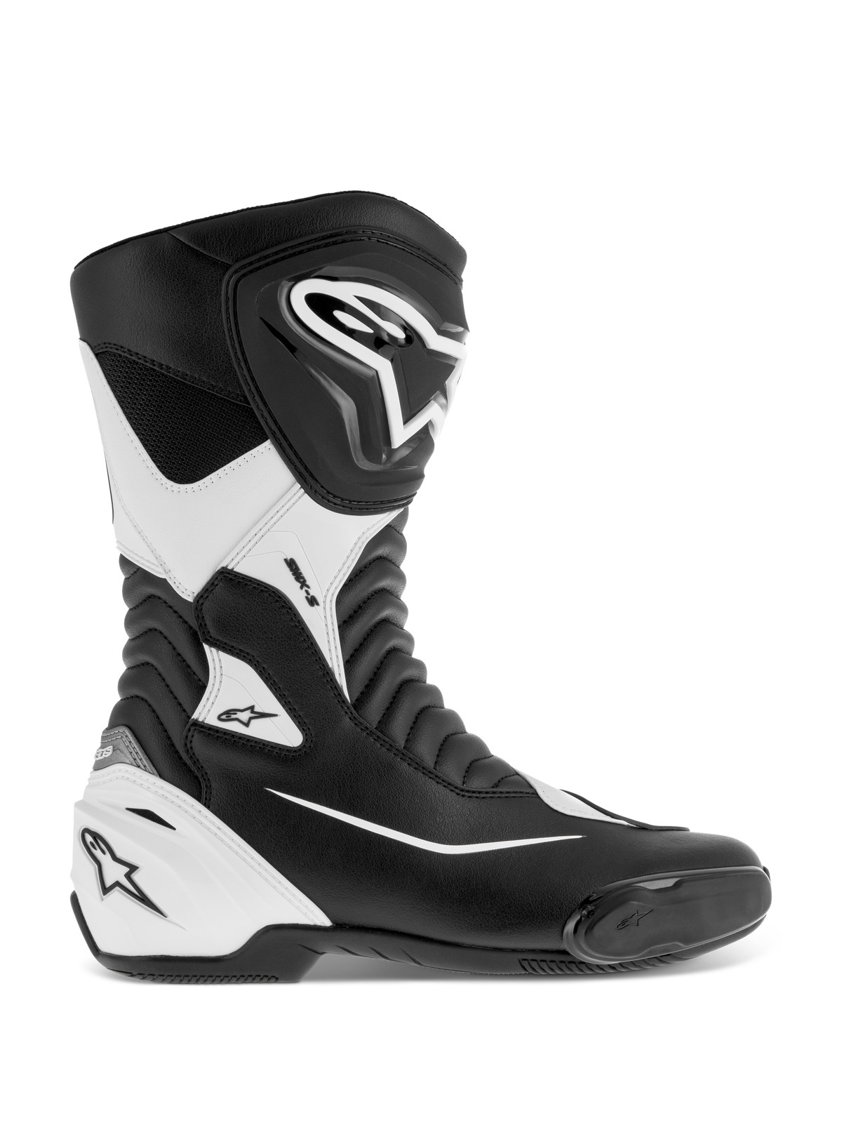 Alpinestars SMX S støvler, motorcykelracerstøvler, sort og hvid, med slidstærk overdel i mikrofiber, beskyttende PU-skinnebens- og hælskjolde, harmonika-flexzoner og integreret tå-slider, CE-certificeret til vej- og sportskørsel