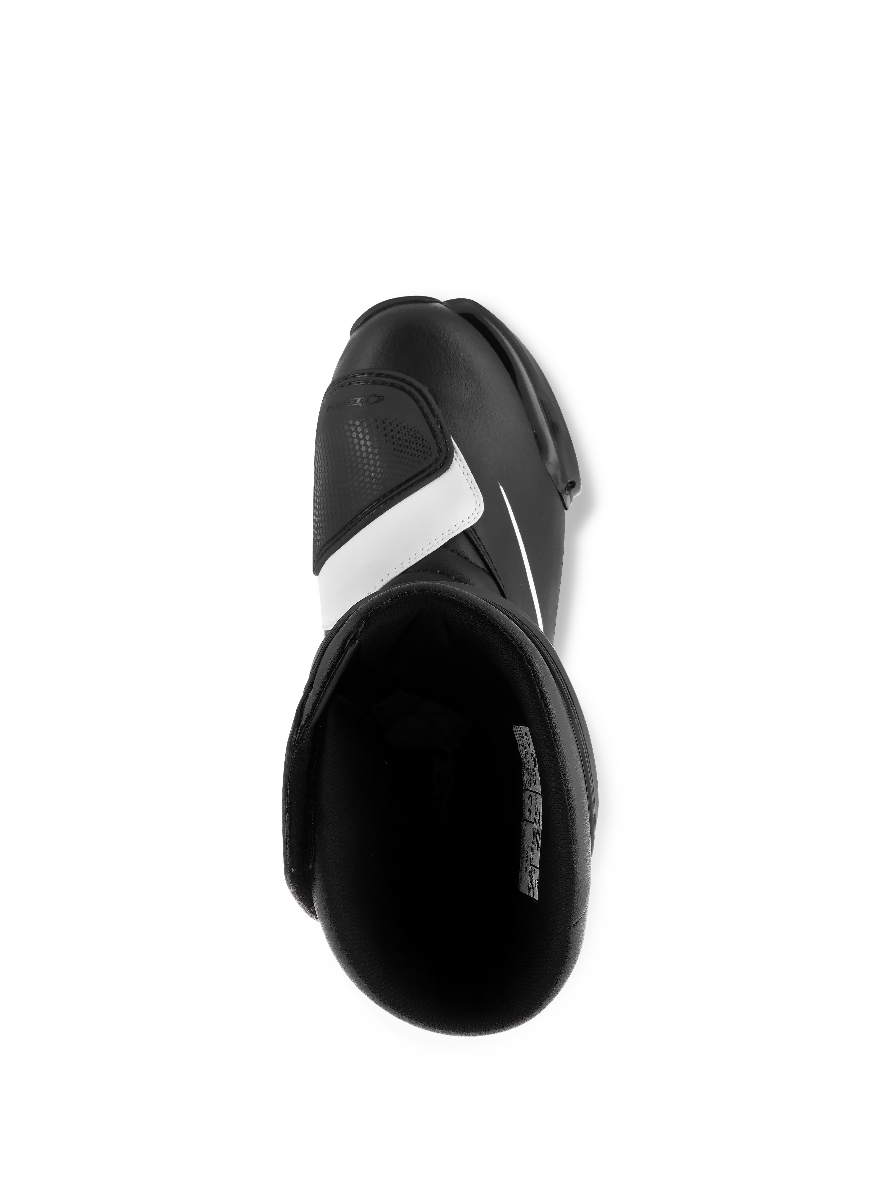 Alpinestars SMX S Boots, Black and White, top-down view showing the interior and the toe gear shifter pad, durable microfiber construction, sport motorcycle footwear