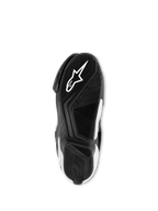 Alpinestars SMX S Boots, Black and White, bottom view of the exclusive compound rubber sole, featuring a white Astar logo and textured grip pattern for traction and support.