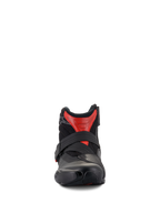 Alpinestars SMX-1 R V2 Vented støvler, lavskaftede motorcykelstøvler, sort og rød, frontperspektiv der viser den sikre stroplukning og ventilerede mikrofiberoverdel, performance-køregrej til vej