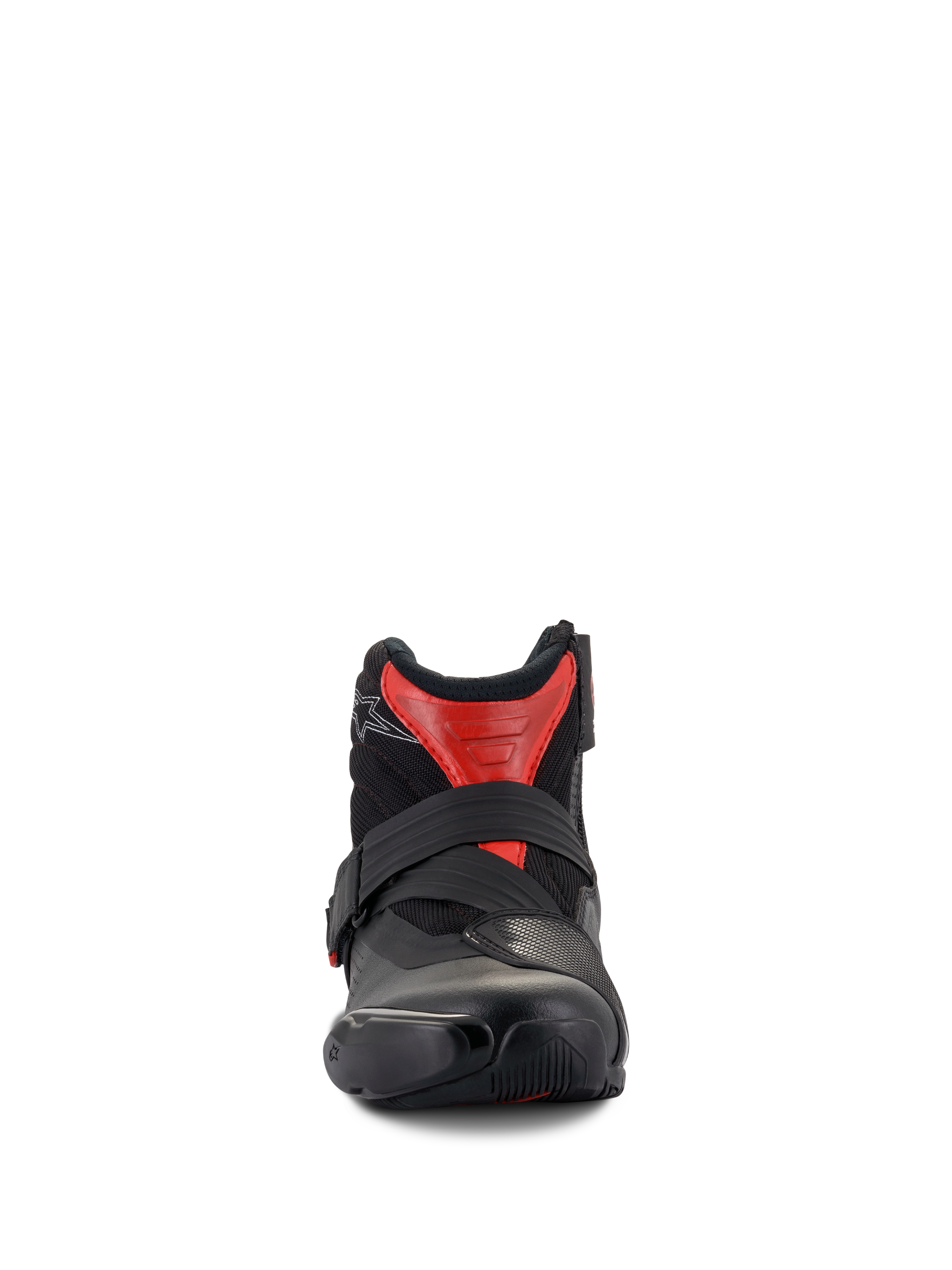 Alpinestars SMX-1 R V2 Vented støvler, lavskaftede motorcykelstøvler, sort og rød, frontperspektiv der viser den sikre stroplukning og ventilerede mikrofiberoverdel, performance-køregrej til vej