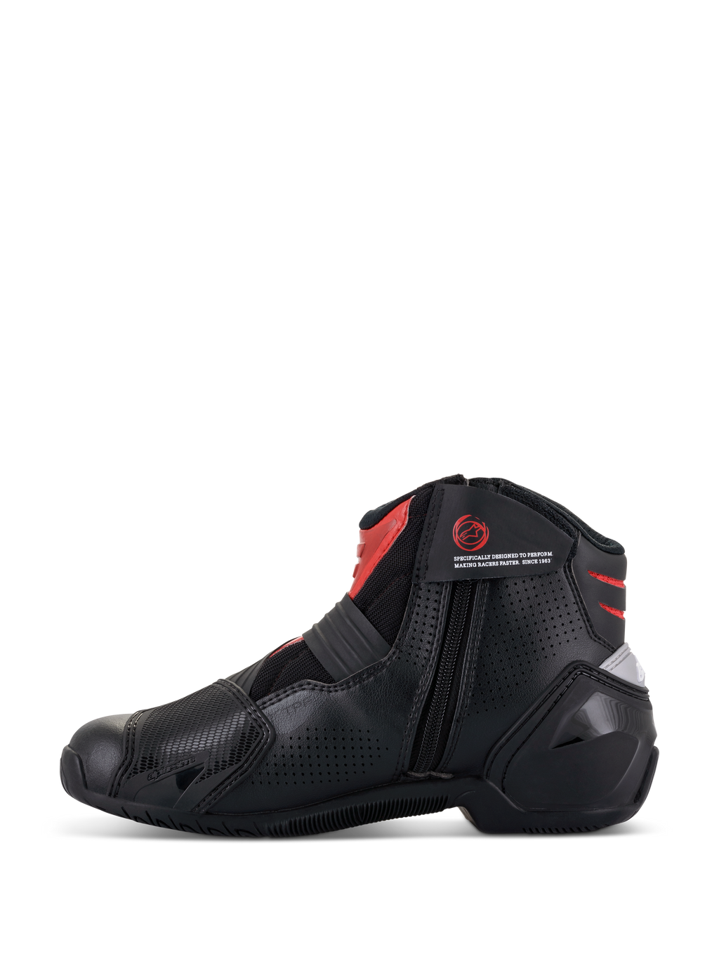 Alpinestars SMX-1 R V2 Vented støvler, sort og rød, lavskåret motorcykel-køresko, sideprofil der viser medial lynlåslukning, perforeret mikrofiber-overdel for luftgennemstrømning, røde detaljer på anklen og pløsen, præstationsfodtøj til kørsel på vej