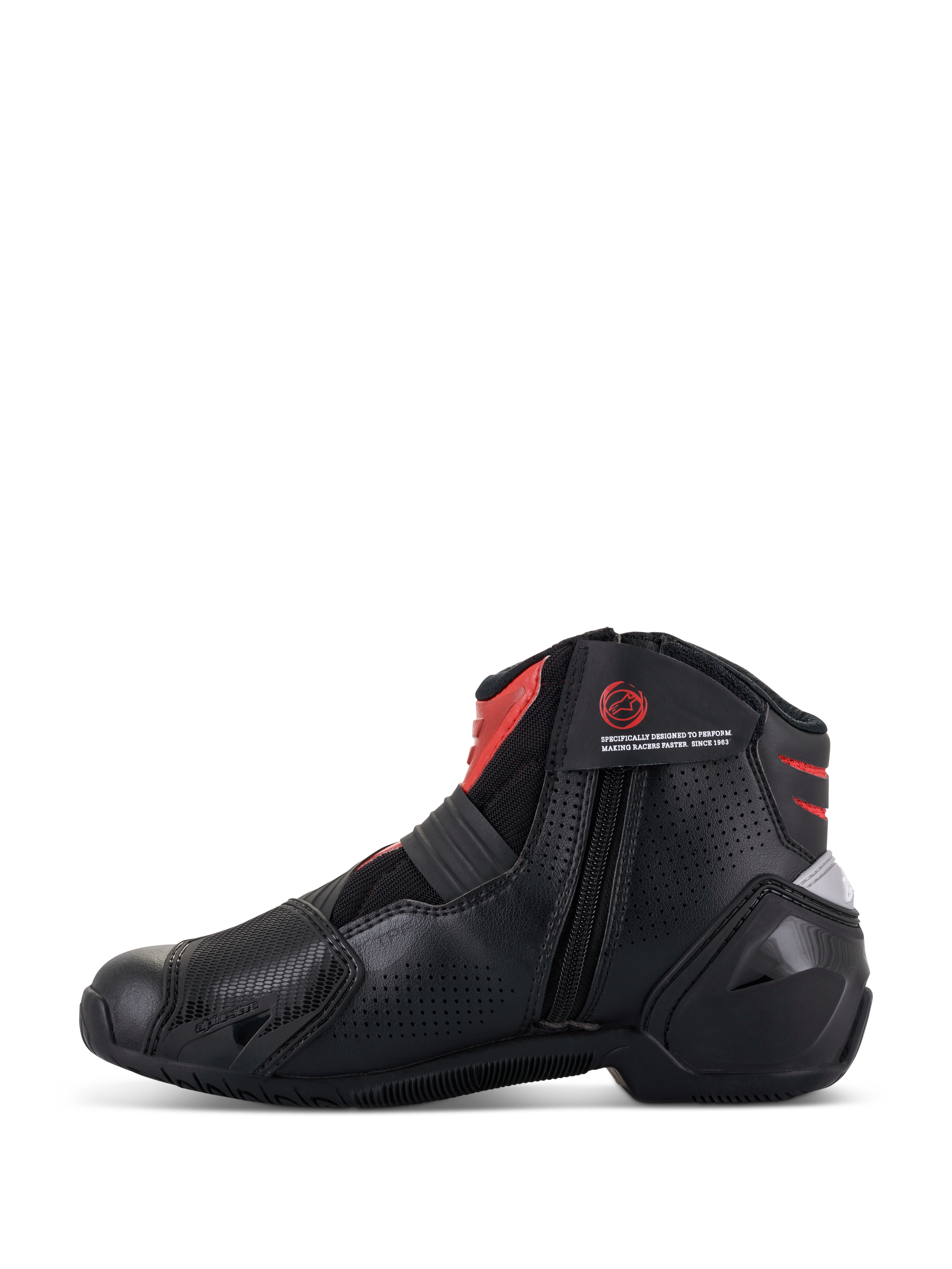 Alpinestars SMX-1 R V2 Vented støvler, sort og rød, lavskåret motorcykel-køresko, sideprofil der viser medial lynlåslukning, perforeret mikrofiber-overdel for luftgennemstrømning, røde detaljer på anklen og pløsen, præstationsfodtøj til kørsel på vej