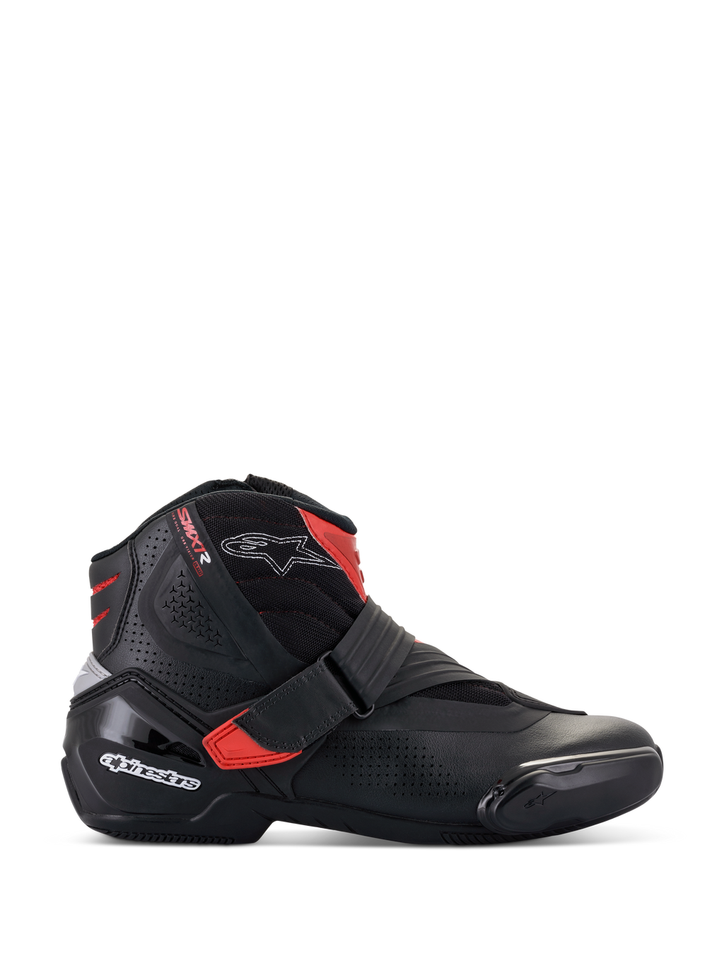 Alpinestars SMX-1 R V2 Vented støvler, lavskaftet motorcykel-køresko, sort med røde detaljer og hvide logoer, perforeret mikrofiber-overdel for luftgennemstrømning, TPU-hælkappe og sidebeskyttelse, sporty road performance-design