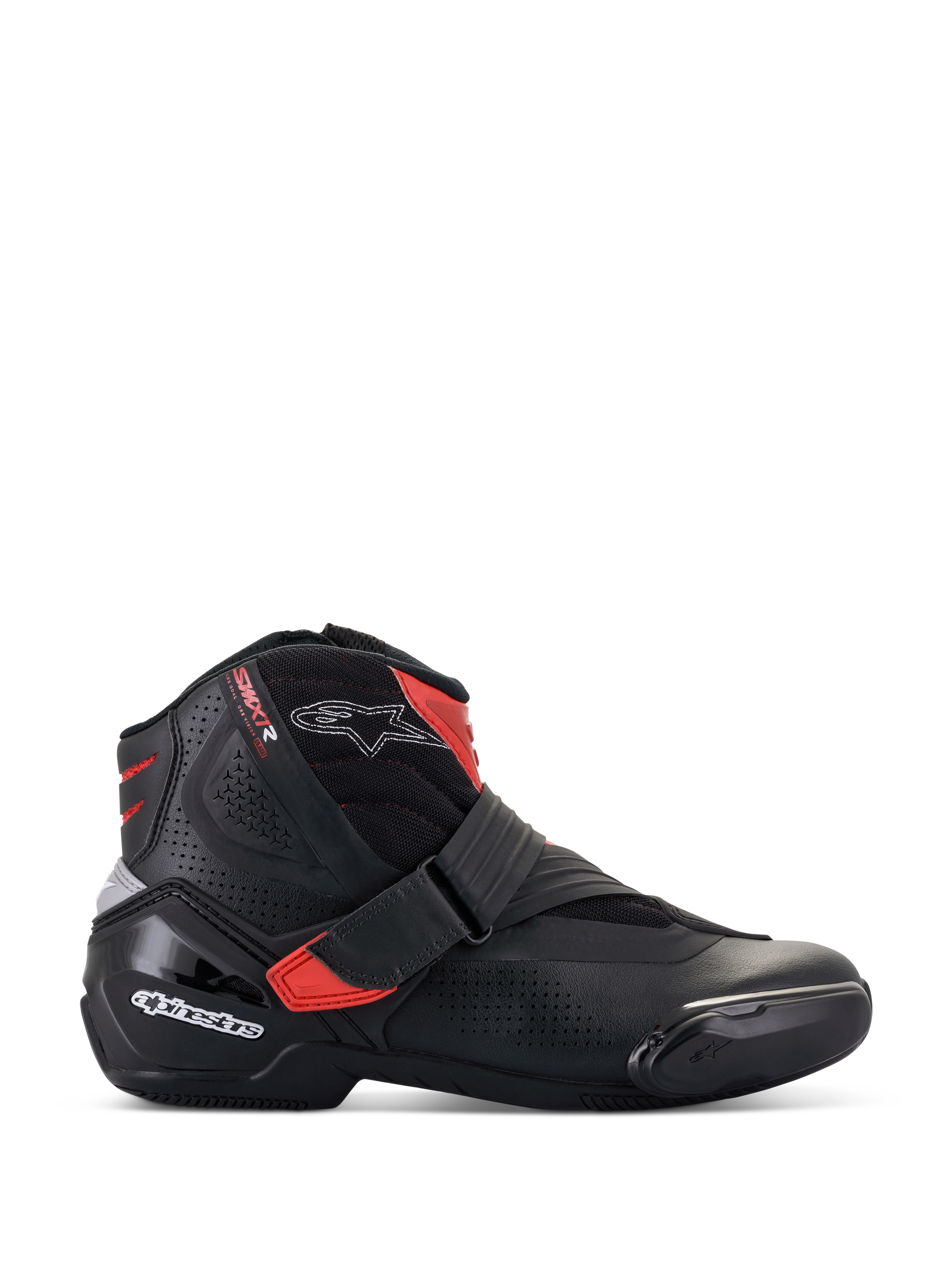 Alpinestars SMX-1 R V2 Vented støvler, lavskaftet motorcykel-køresko, sort med røde detaljer og hvide logoer, perforeret mikrofiber-overdel for luftgennemstrømning, TPU-hælkappe og sidebeskyttelse, sporty road performance-design