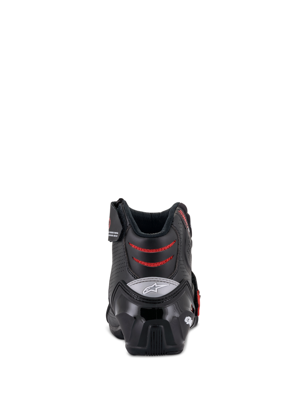 Alpinestars SMX-1 R V2 Vented støvler, lavskaftede motorcykelstøvler, sort og rød, set bagfra, viser TPU-hælkappen og de røde mesh-flexzoner, præstationsfodtøj til vej- og sportskørsel