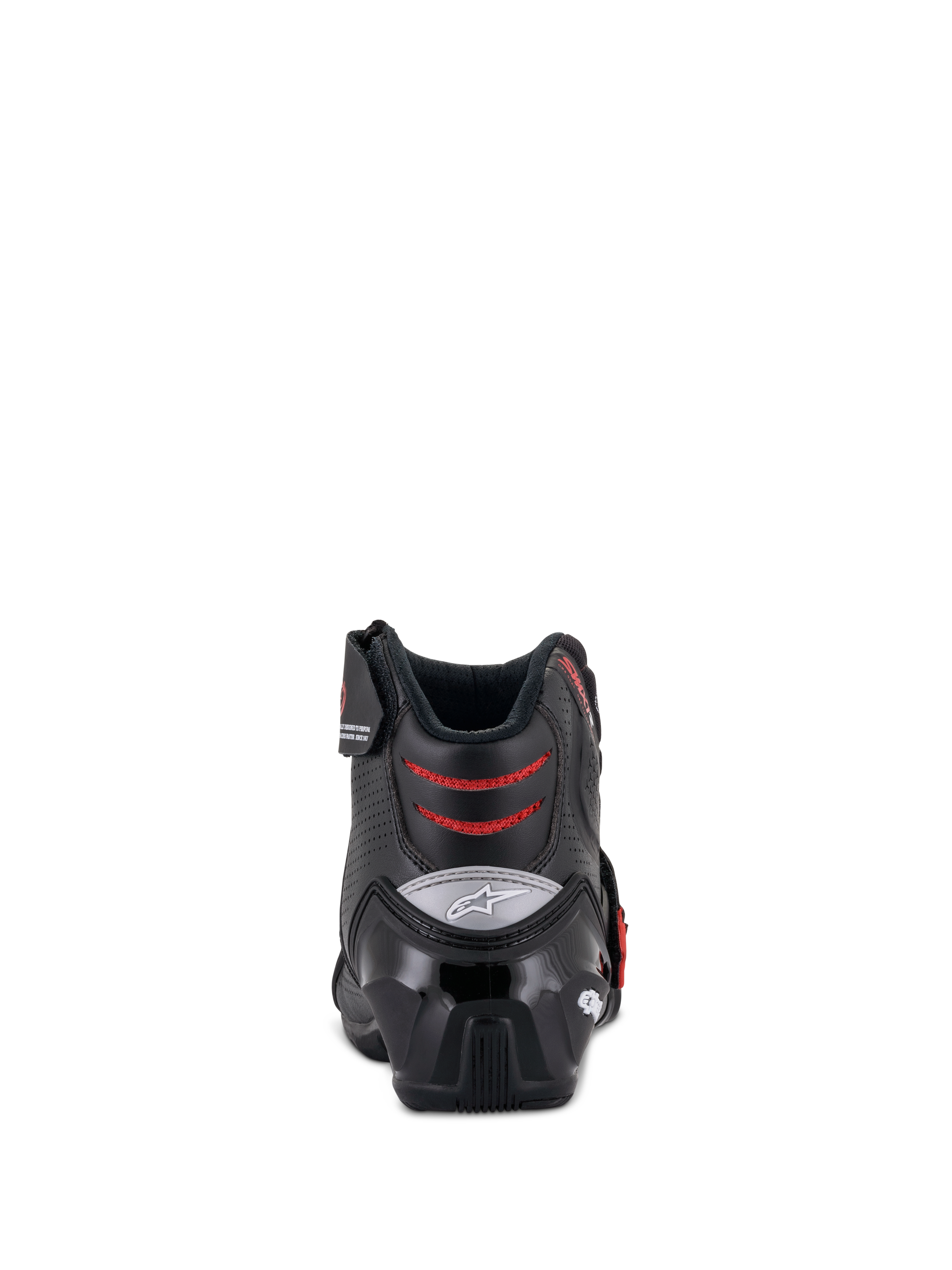 Alpinestars SMX-1 R V2 Vented støvler, lavskaftede motorcykelstøvler, sort og rød, set bagfra, viser TPU-hælkappen og de røde mesh-flexzoner, præstationsfodtøj til vej- og sportskørsel