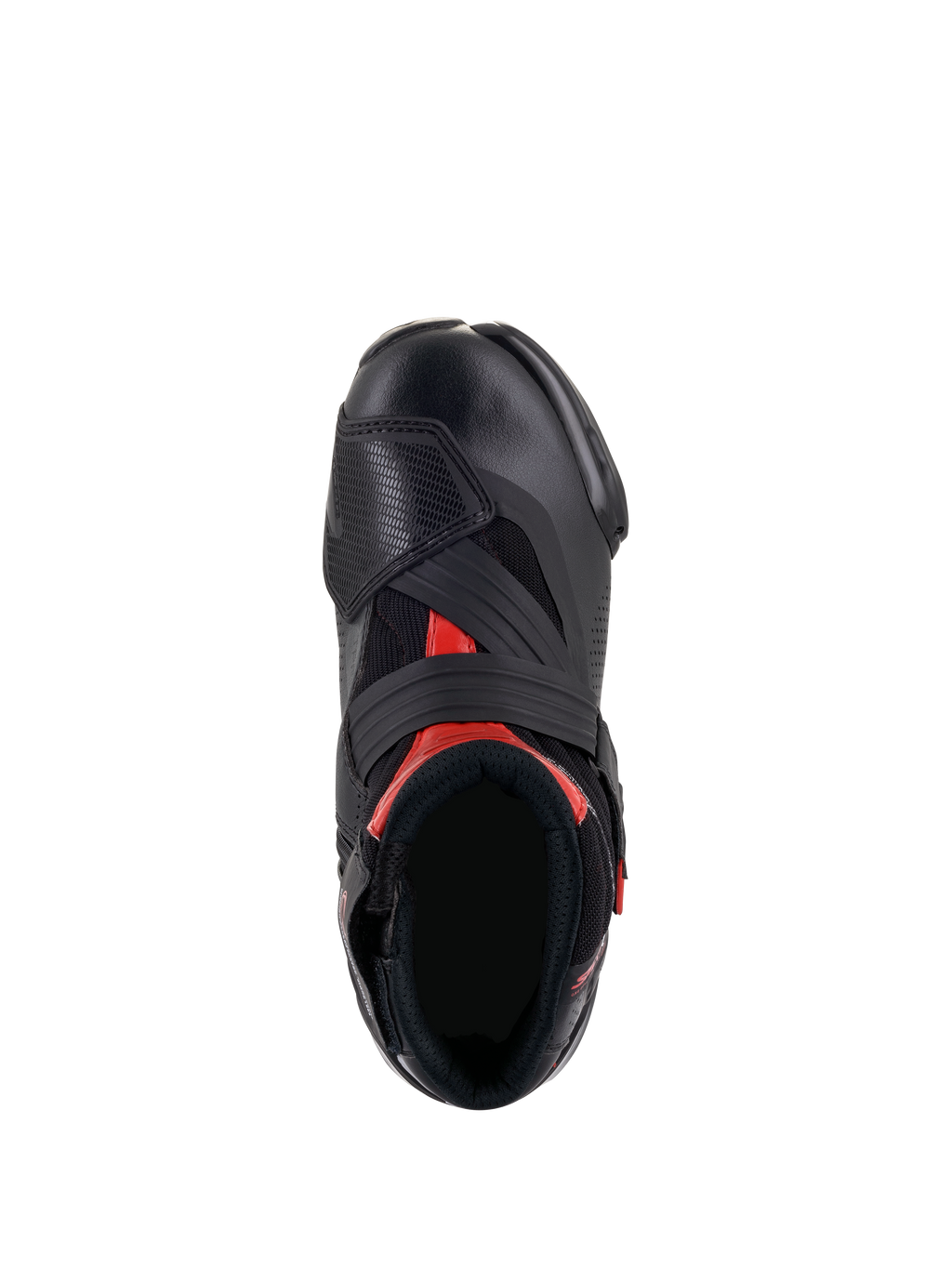 Alpinestars SMX-1 R V2 Vented støvler, sort og rød, set fra oven, der viser fodåbningen og overdelens konstruktion med perforeret mikrofiber, røde detaljer og en bred velcrorem over vristen.