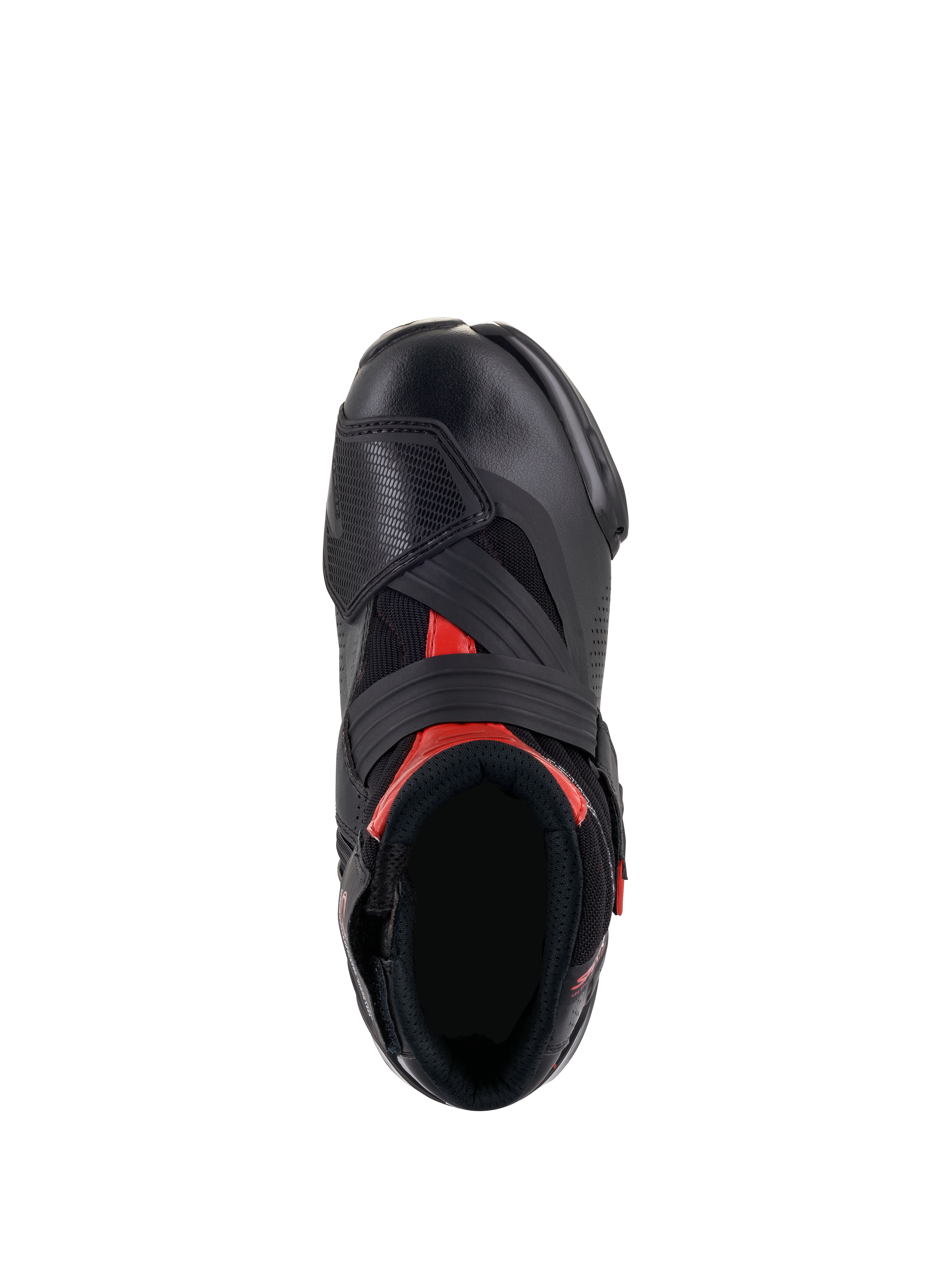Alpinestars SMX-1 R V2 Vented støvler, sort og rød, set fra oven, der viser fodåbningen og overdelens konstruktion med perforeret mikrofiber, røde detaljer og en bred velcrorem over vristen.