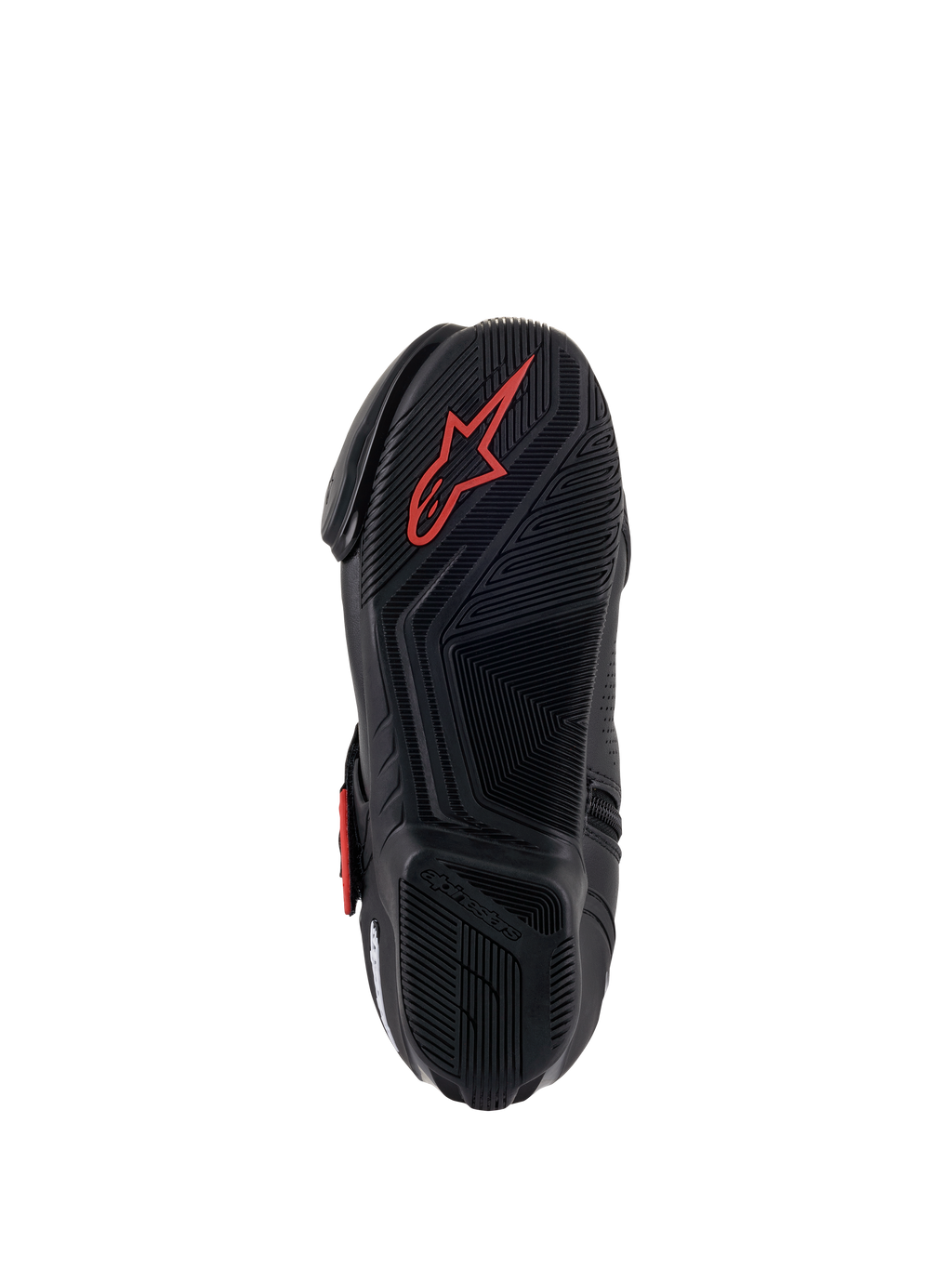 Alpinestars SMX-1 R V2 Vented støvler, motorcykel-køresko, sort og rød, underside af gummisålen med tekstureret grebsmønster og et rødt Astars-logo