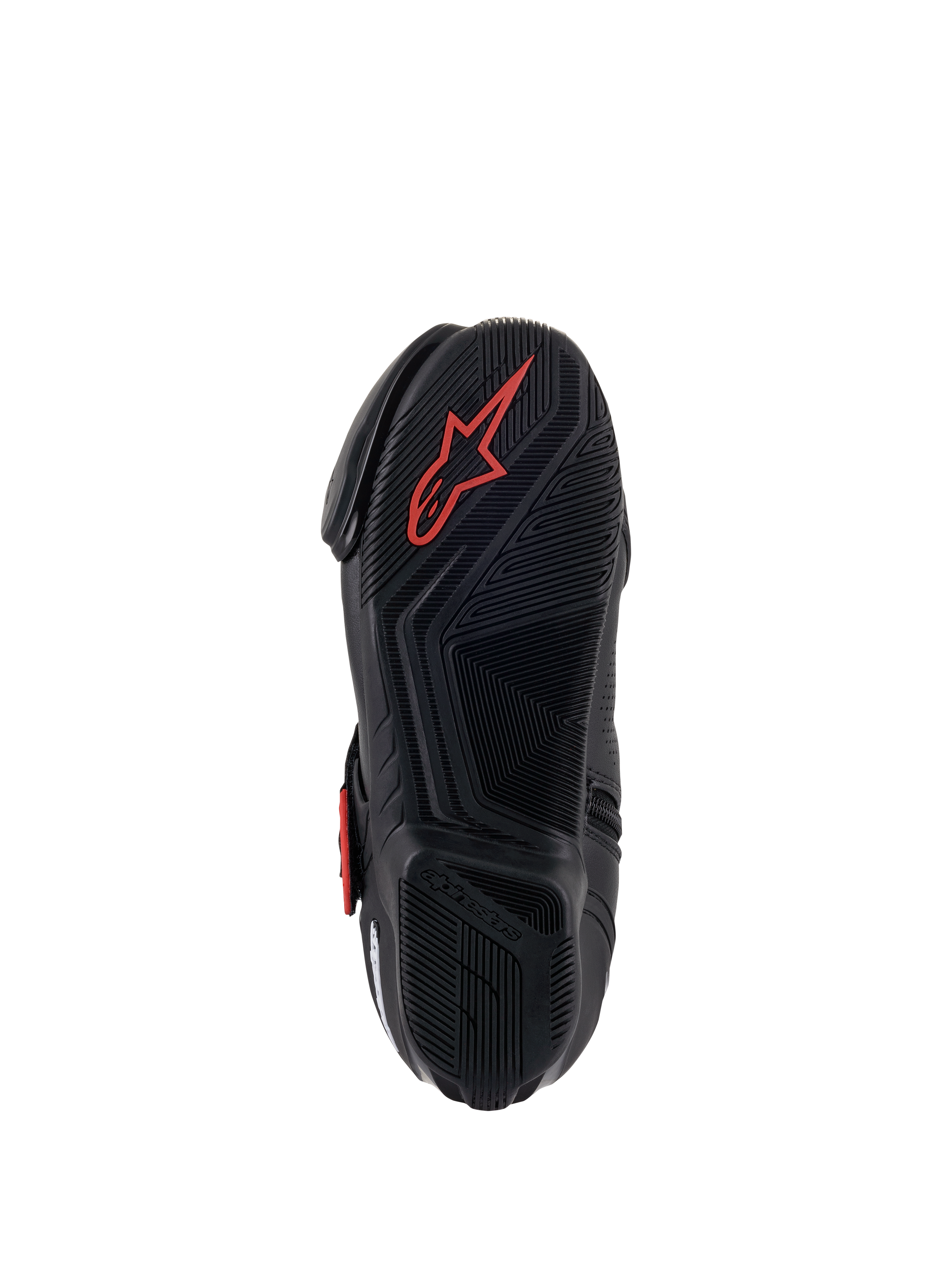 Alpinestars SMX-1 R V2 Vented støvler, motorcykel-køresko, sort og rød, underside af gummisålen med tekstureret grebsmønster og et rødt Astars-logo
