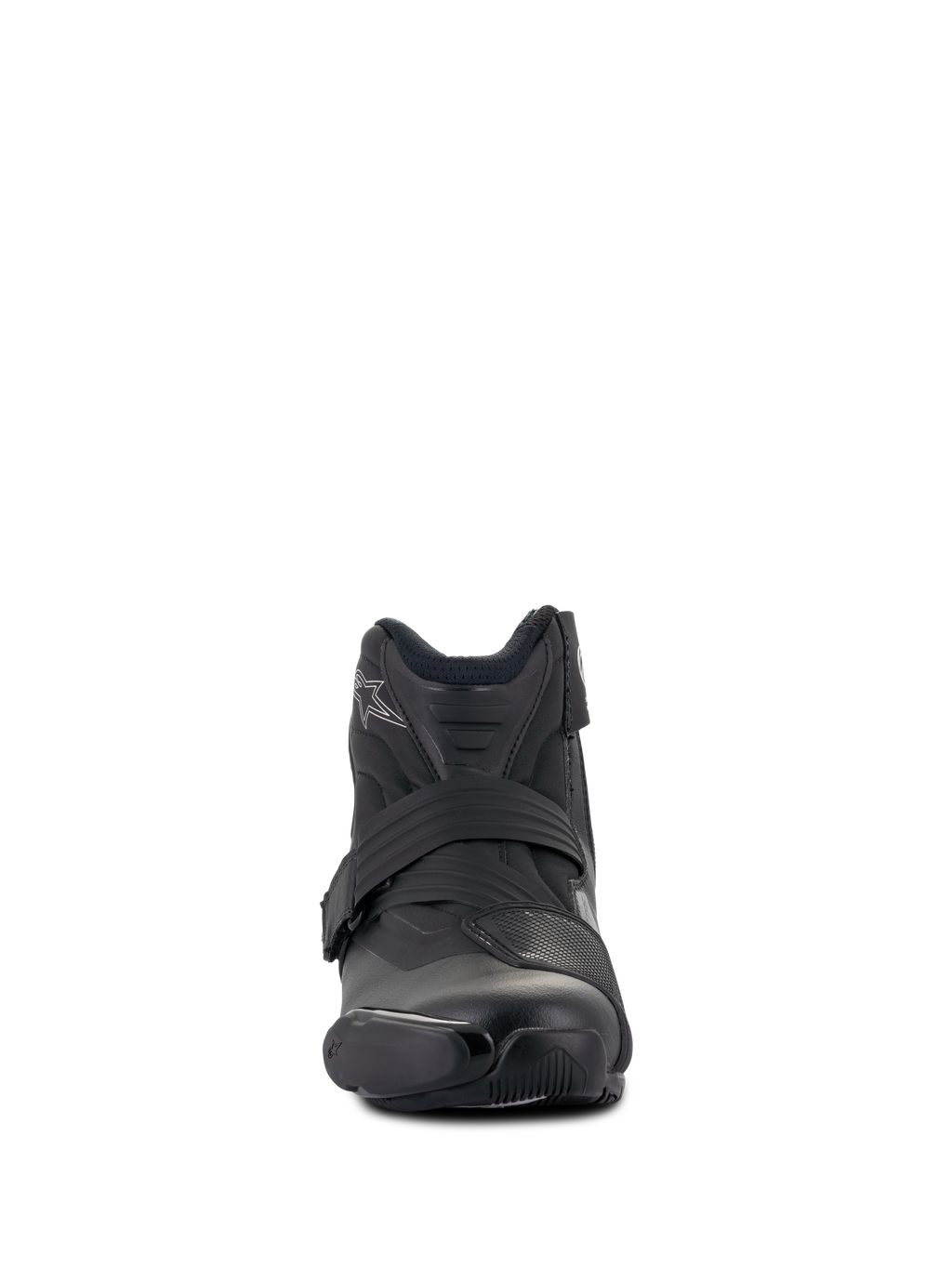 Alpinestars Stella SMX-1 R V2 støvler til kvinder, lavskaftet performance motorcykelstøvle, sort, set forfra, med overdel i mikrofiber, TPU-gearskiftepude og ergonomisk lukkestrop, sportsinspireret design