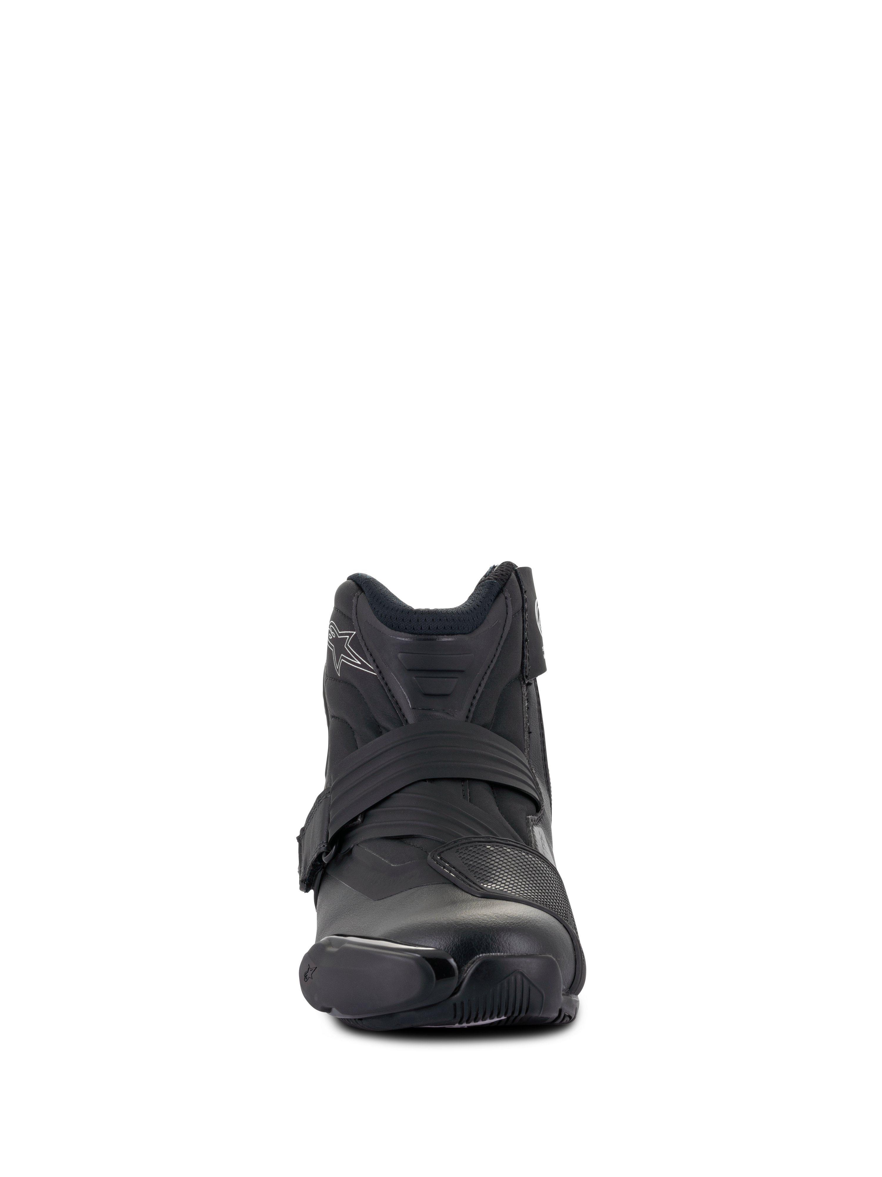 Alpinestars Stella SMX-1 R V2 støvler til kvinder, lavskaftet performance motorcykelstøvle, sort, set forfra, med overdel i mikrofiber, TPU-gearskiftepude og ergonomisk lukkestrop, sportsinspireret design