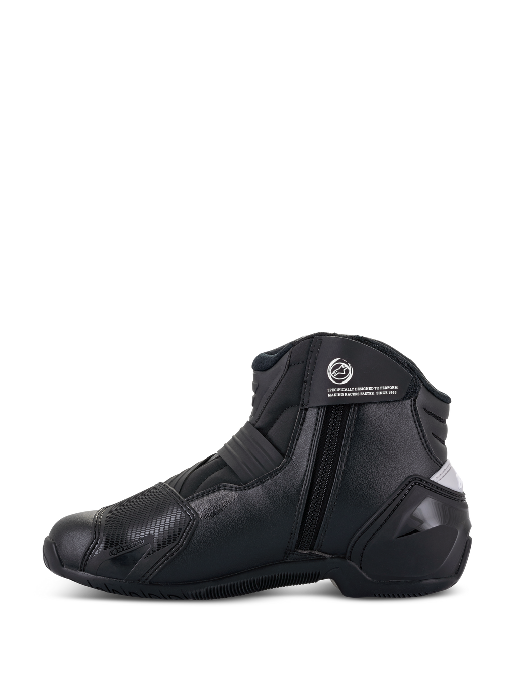 Alpinestars Stella SMX-1 R V2 damestøvler, sort, lavskåret præstationsstøvle til motorcykelkørsel, sideprofil der viser lynlåslukning, ankelrem med logo og mikrofiberkonstruktion med TPU-hælkappe